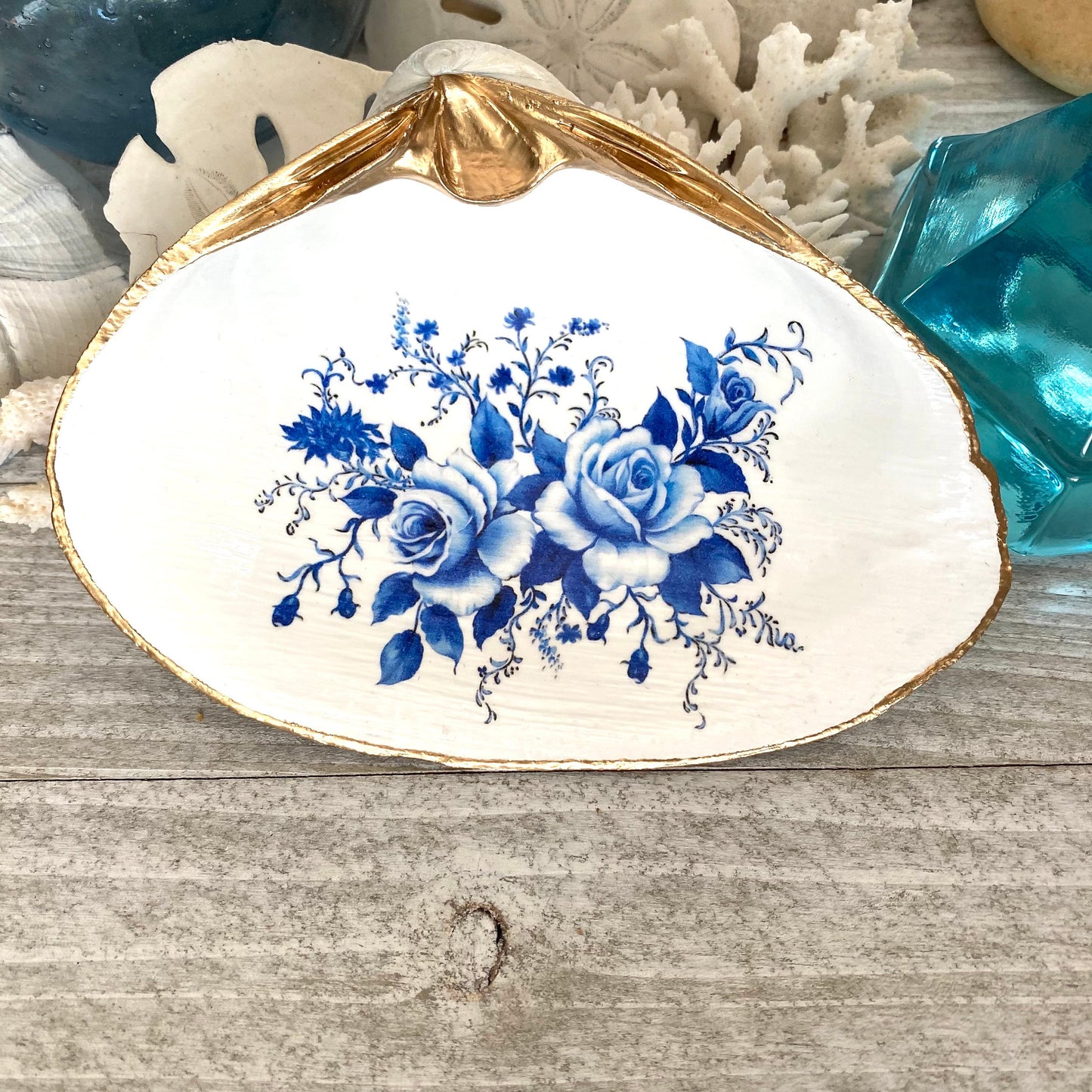 Decoupage Chinoiserie Clam Shell Ring Dish – Blue & White Jewelry Holder, Coastal Decor