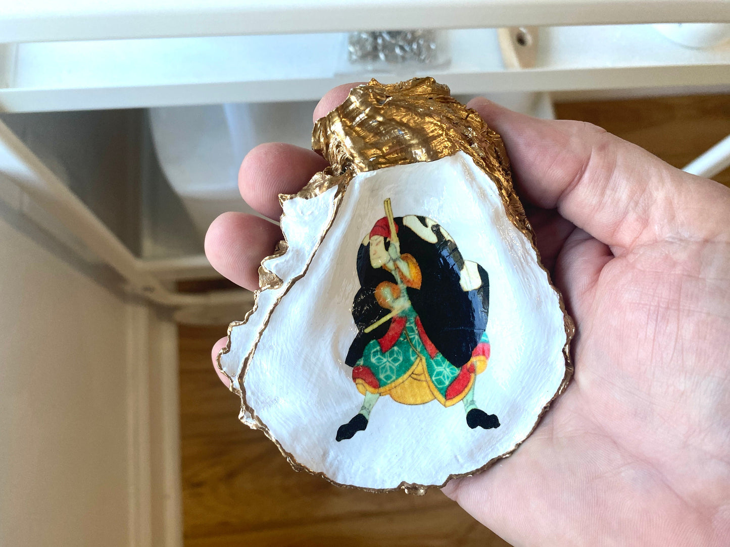 Decoupage Oyster Shell Trinket Dish Samurai Art