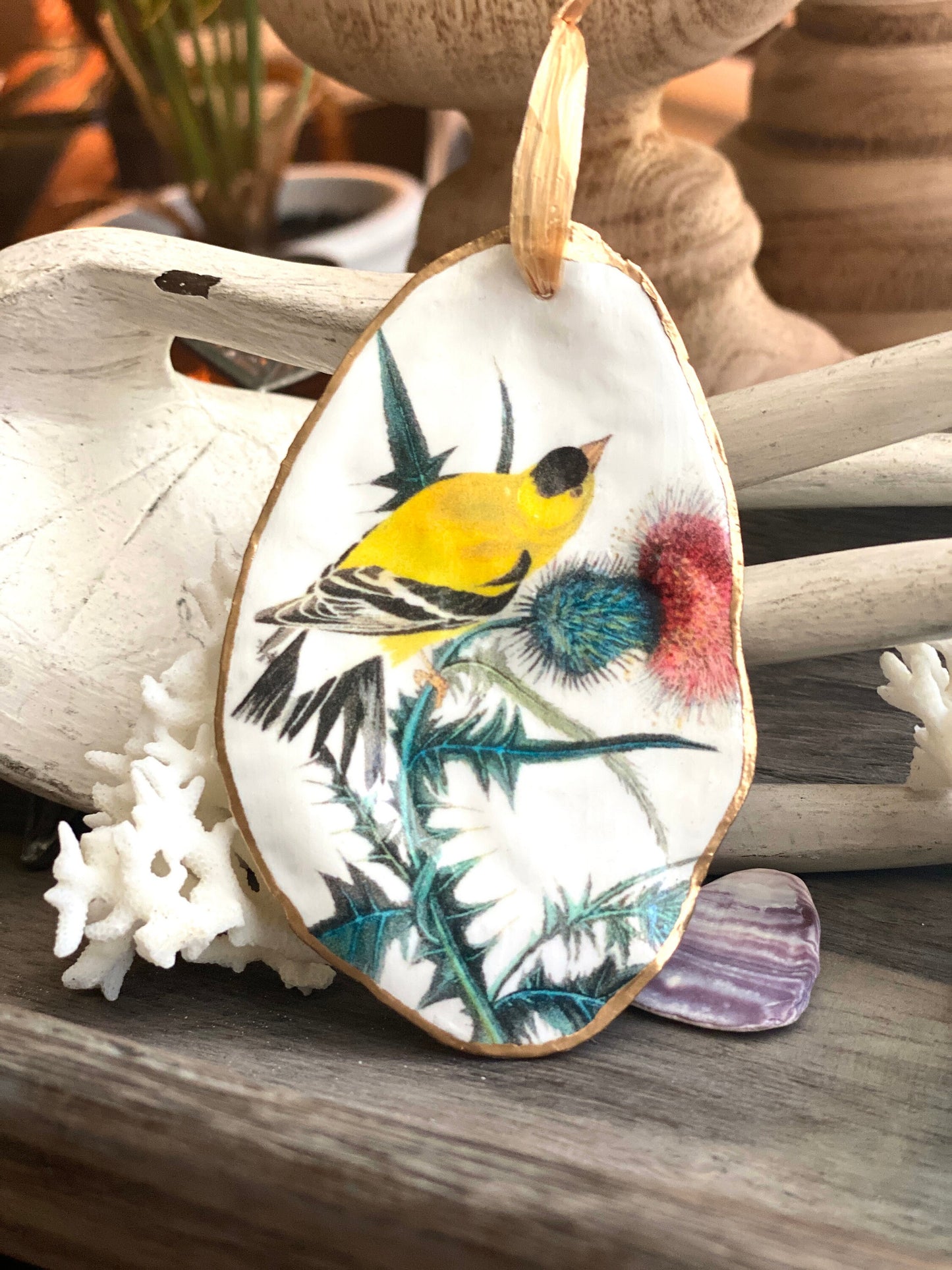 Holiday Ornaments Decoupage Oyster Shell  Bird Lover Art