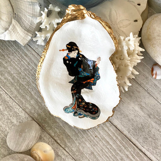 Decoupage Oyster Shell Trinket Dish Geisha Art