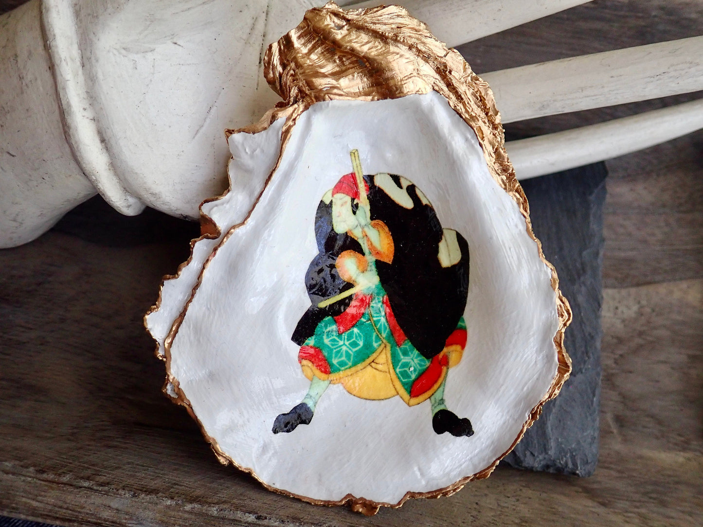 Decoupage Oyster Shell Trinket Dish Samurai Art
