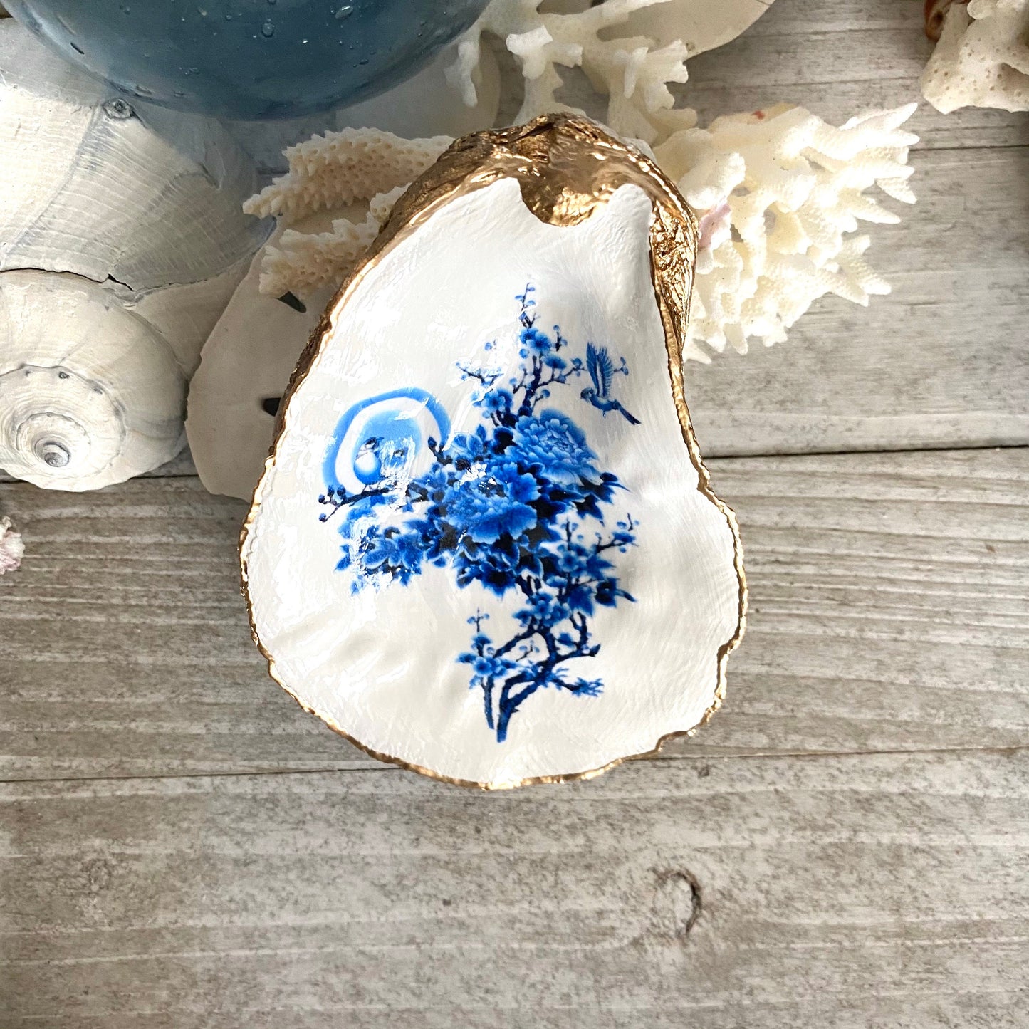 Decoupage Chinoiserie Oyster Shell Ring Dish – Hand-Crafted Coastal Jewelry Holder, Hostess Gift
