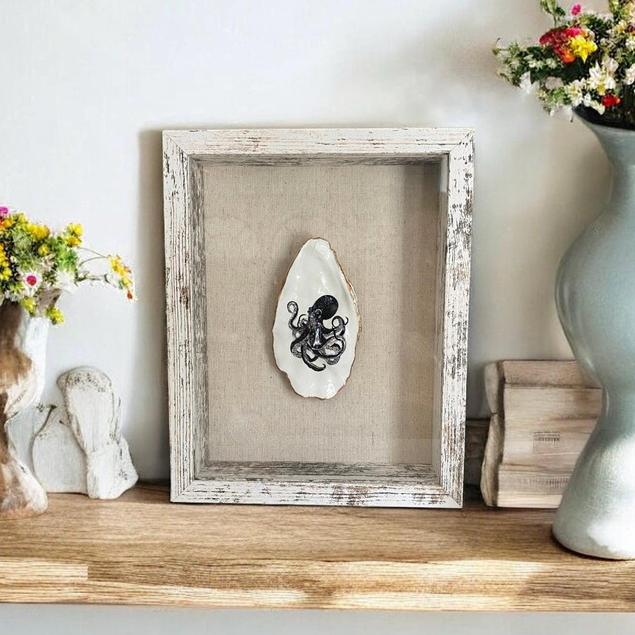 Decoupage Octopus Oyster Shell Shadow Box – Hand-Crafted Coastal Wall Hanging, Nautical Gift
