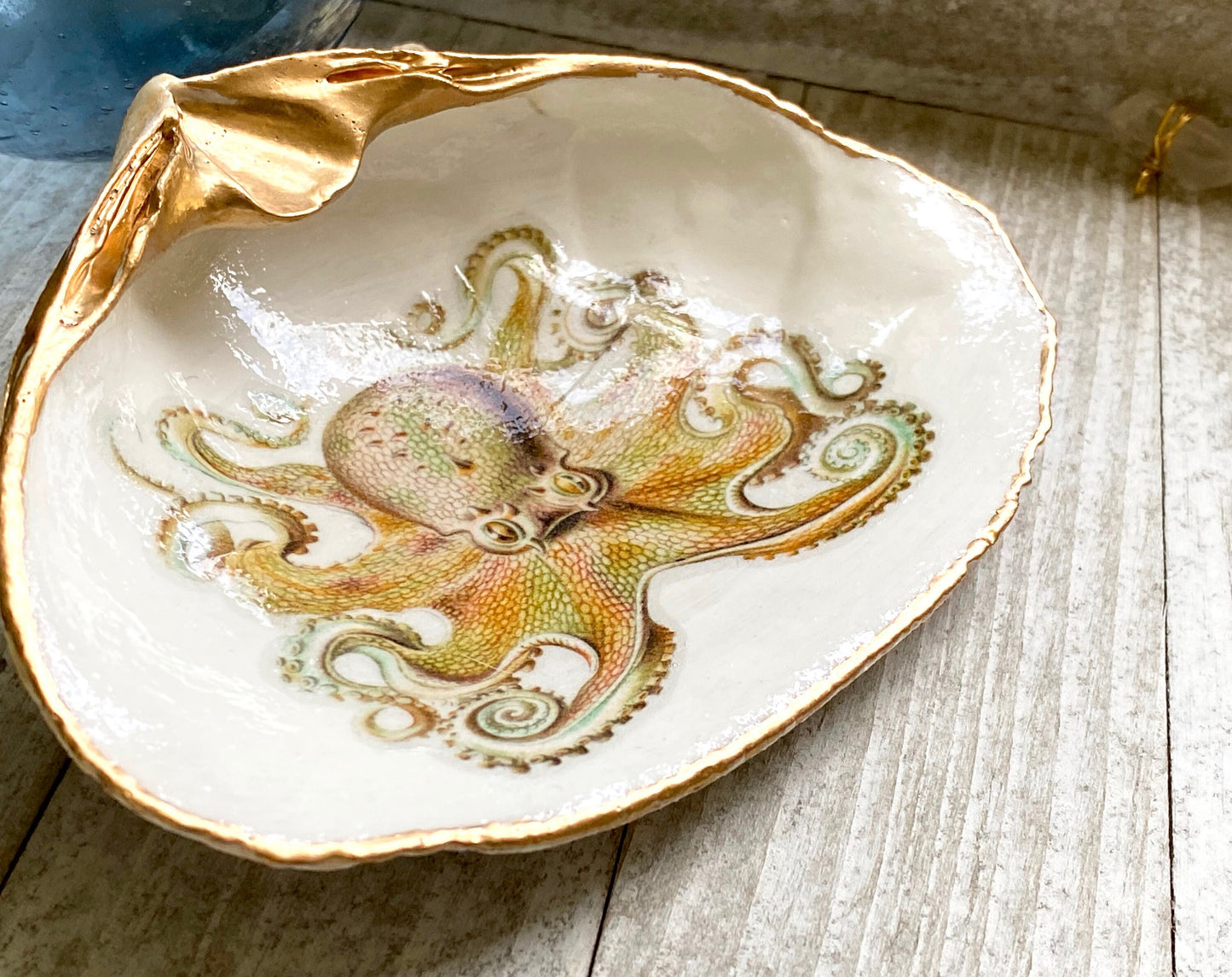 Decoupage Clam Shell Gold Octopus Art