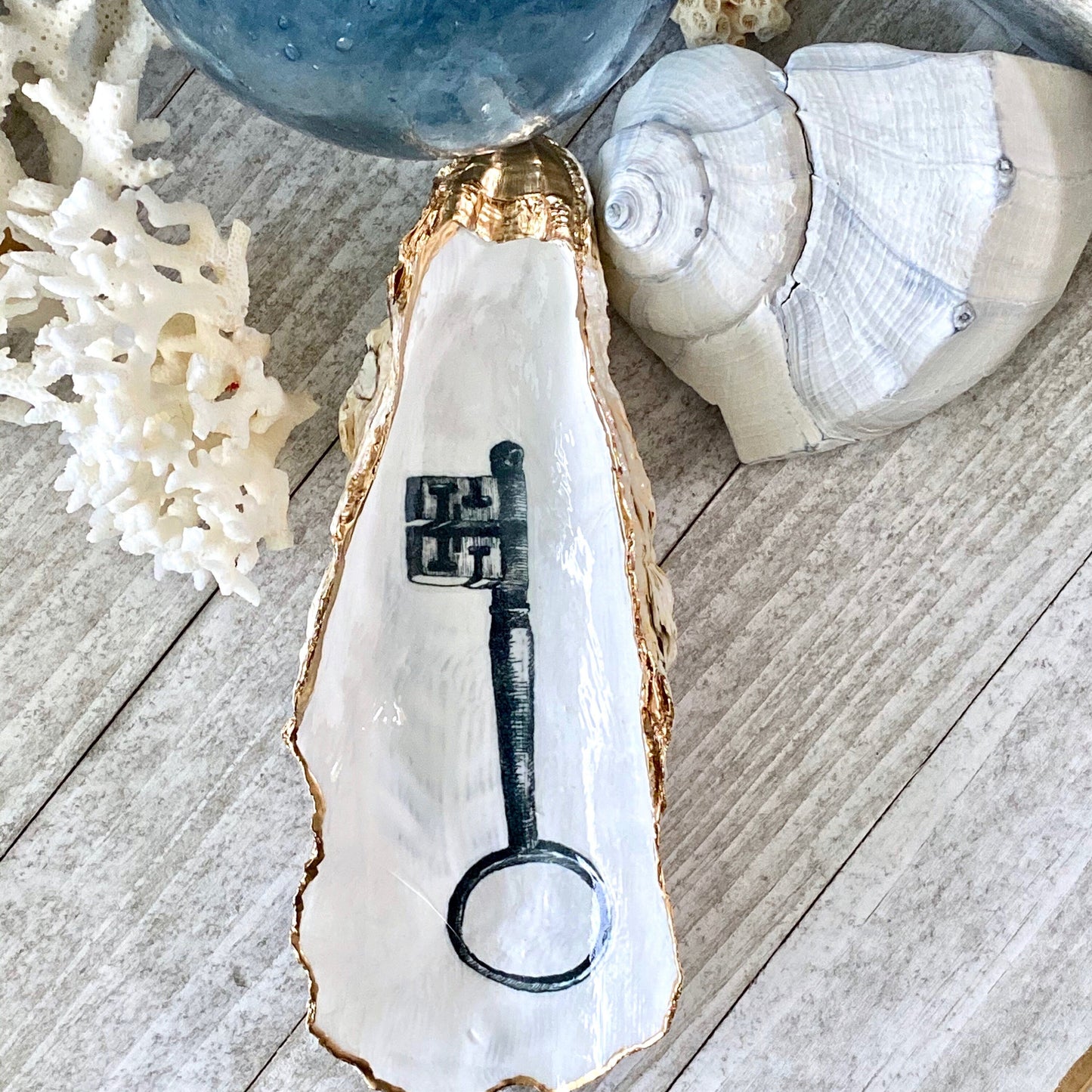 Decoupage Oyster Shell Jewelry Dish – Vintage Skeleton Key, Beach House Accent