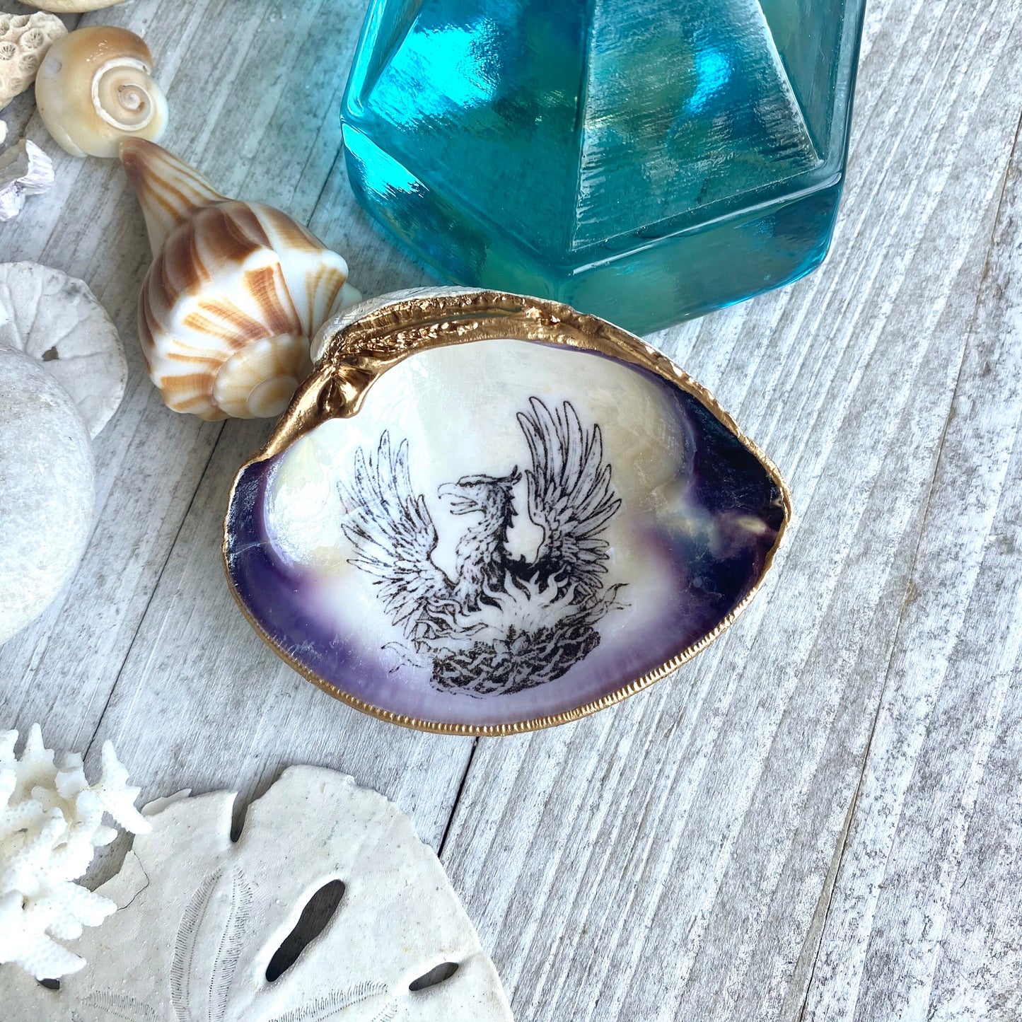 Decoupage Phoenix Clam Shell Ring Dish – Coastal Jewelry Holder, Mythology Decor