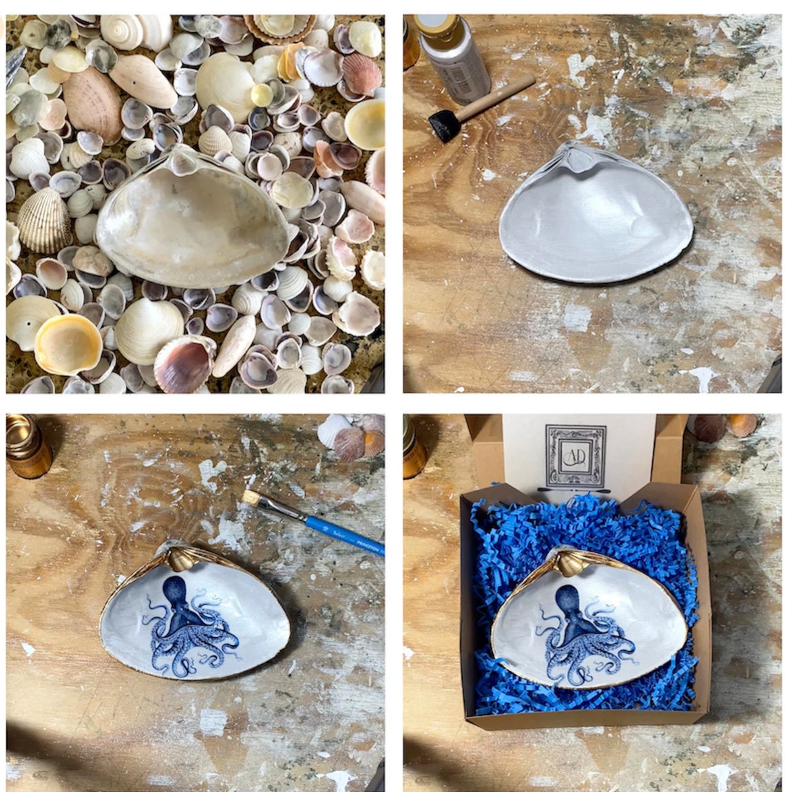 Decoupage Clam Shell Jewelry Dish – Blue & White Coastal Accent, Nautical Gift