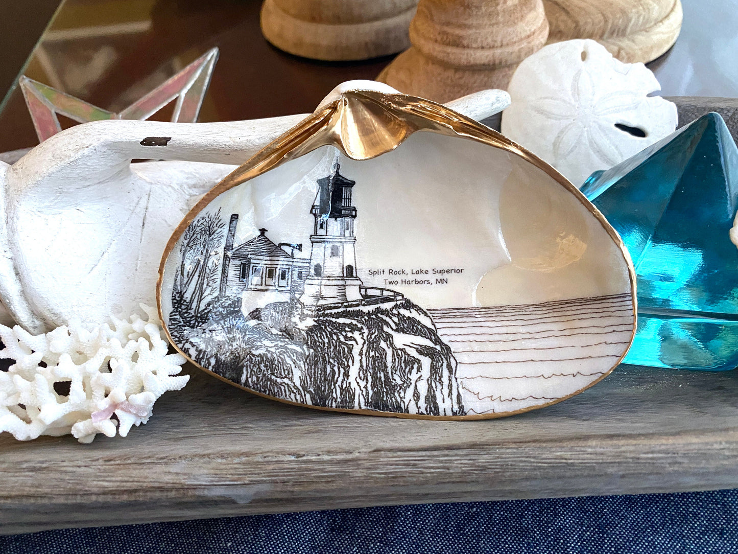 Decoupage Clam Shell Trinket Dish Split Rock Lighthouse Art