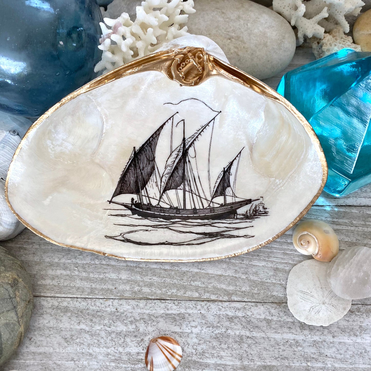 Decoupage Clam Shell Trinket Dish Sailboat Art