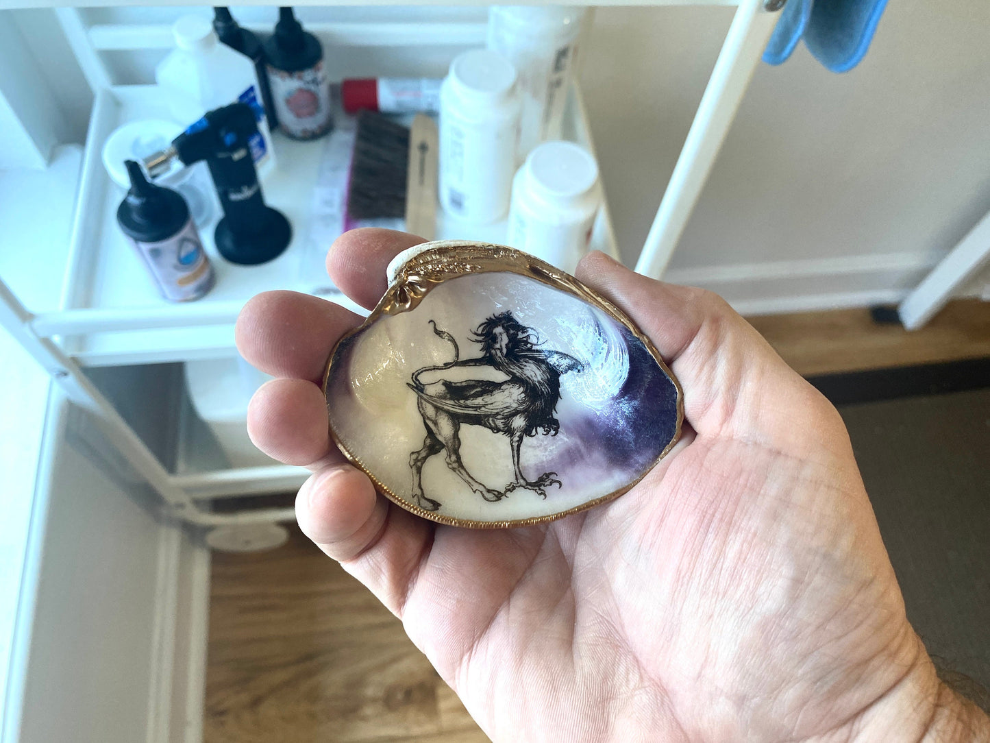 Decoupage Clam Shell Trinket Dish Mythical Griffin Art
