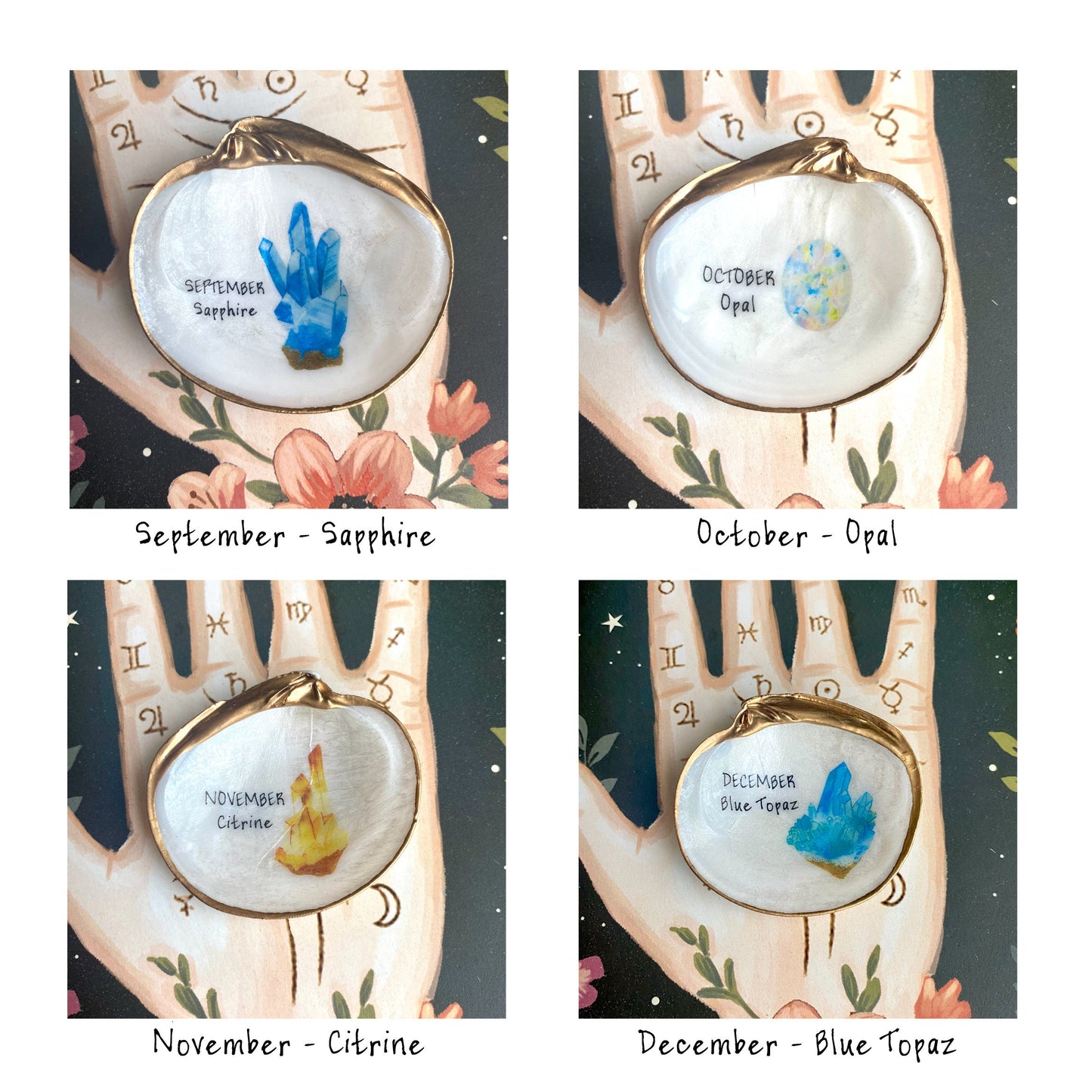 Decoupage Birthstone Clam Shell Ring Dish – Hand-Painted Jewelry Holder, Coastal Decor