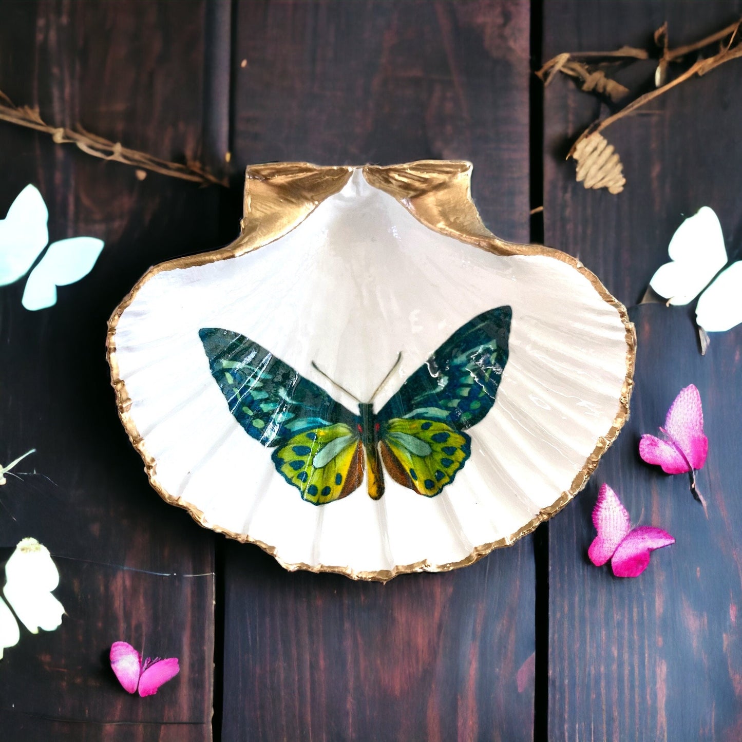 Decoupage Scallop Shell Trinket Dish Butterfly Art