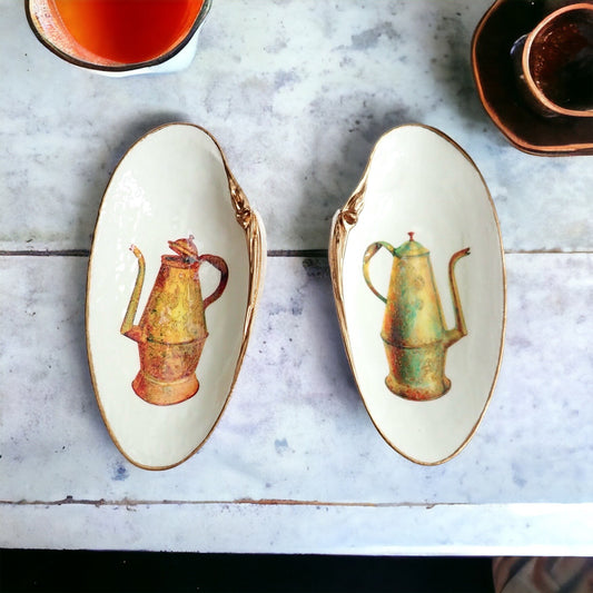 Decoupage Clam Shell Spoon Rest Pair – Vintage Coffee & Tea Illustration