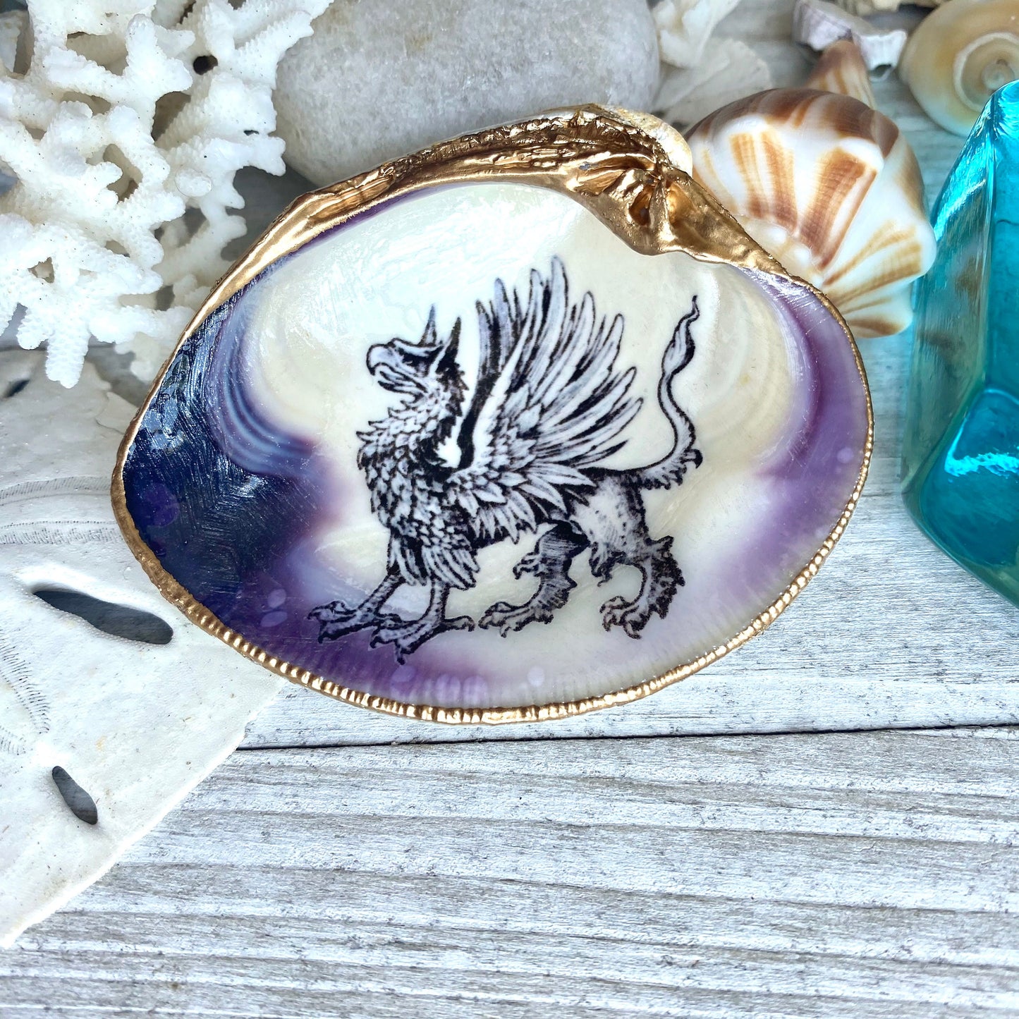 Decoupage Clam Shell Trinket Dish Mythical Griffin Art
