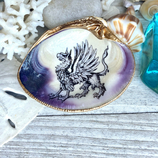 Decoupage Clam Shell Trinket Dish Mythical Griffin Art