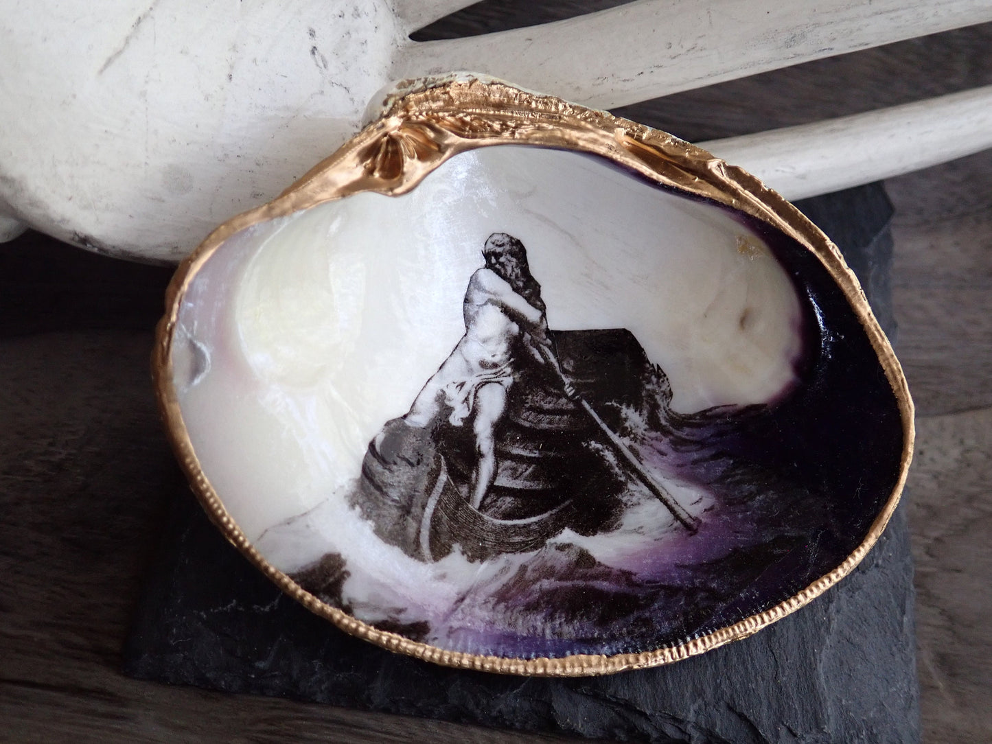 Decoupage Clam Shell Ring Dish – Charon Ferryman Design, Mythological Gothic Art