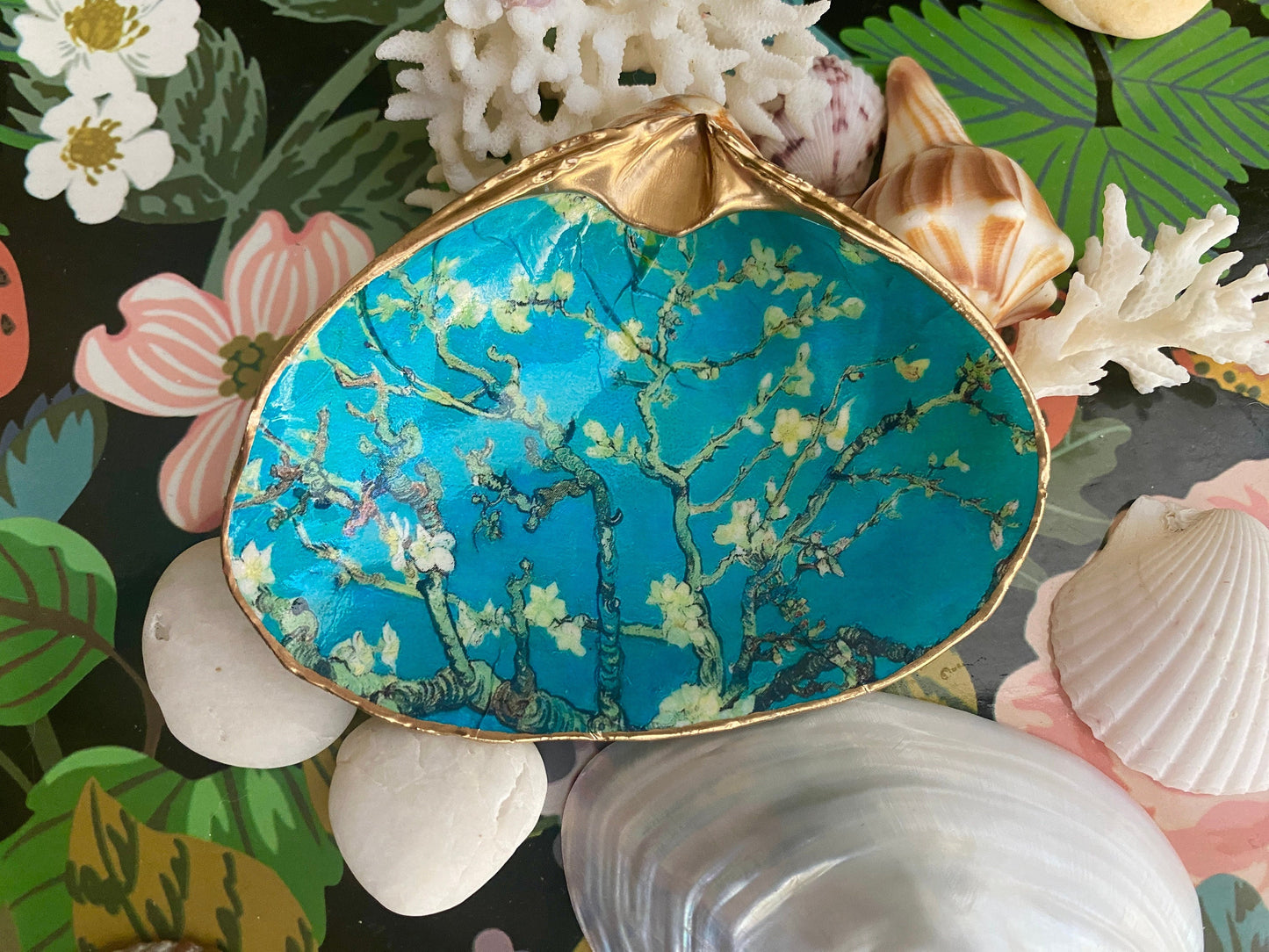 Decoupage Clam Shell Jewelry Dish – Almond Blossoms Art, Coastal Tabletop Decor