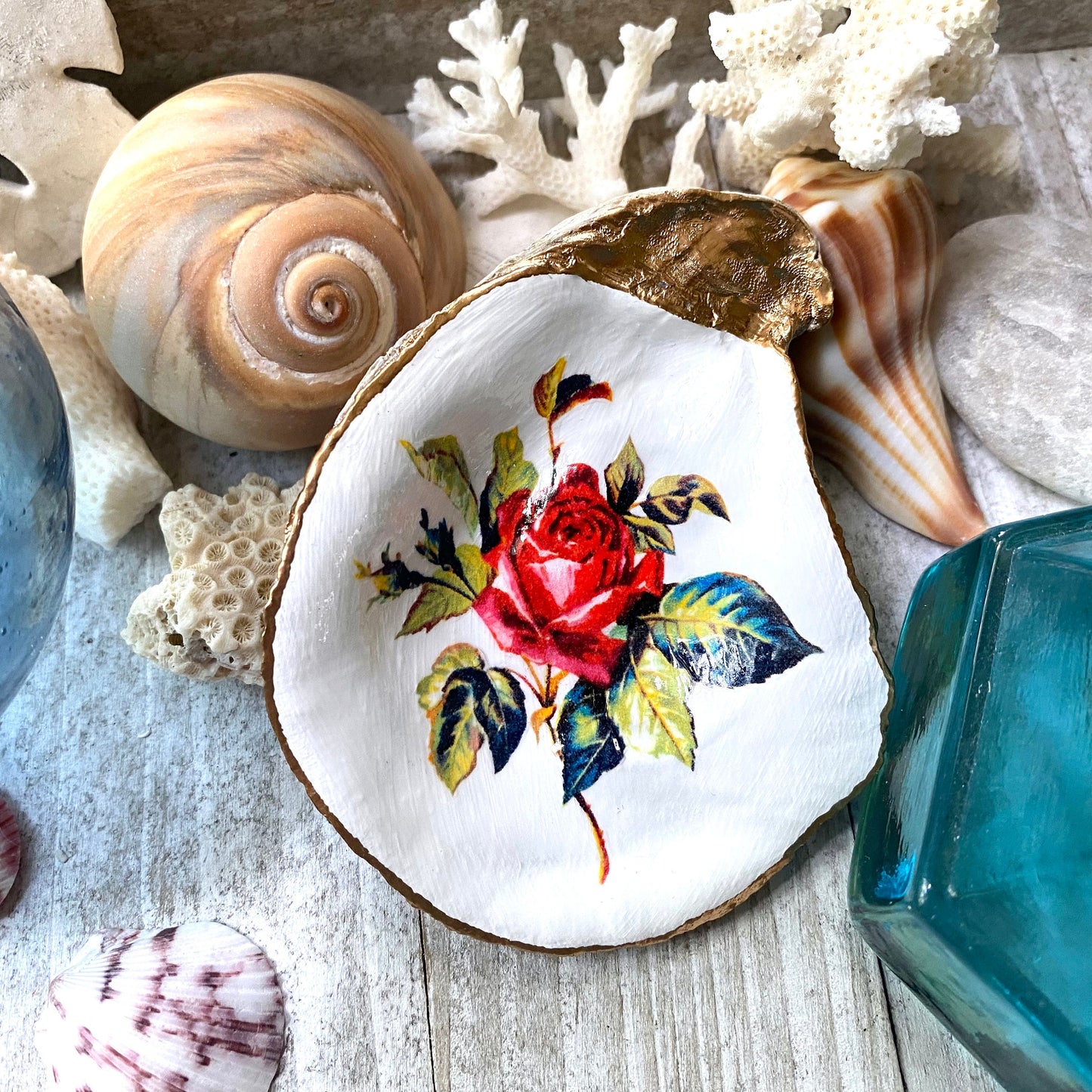 Decoupage Oyster Shell Trinket Dish – Rose Art