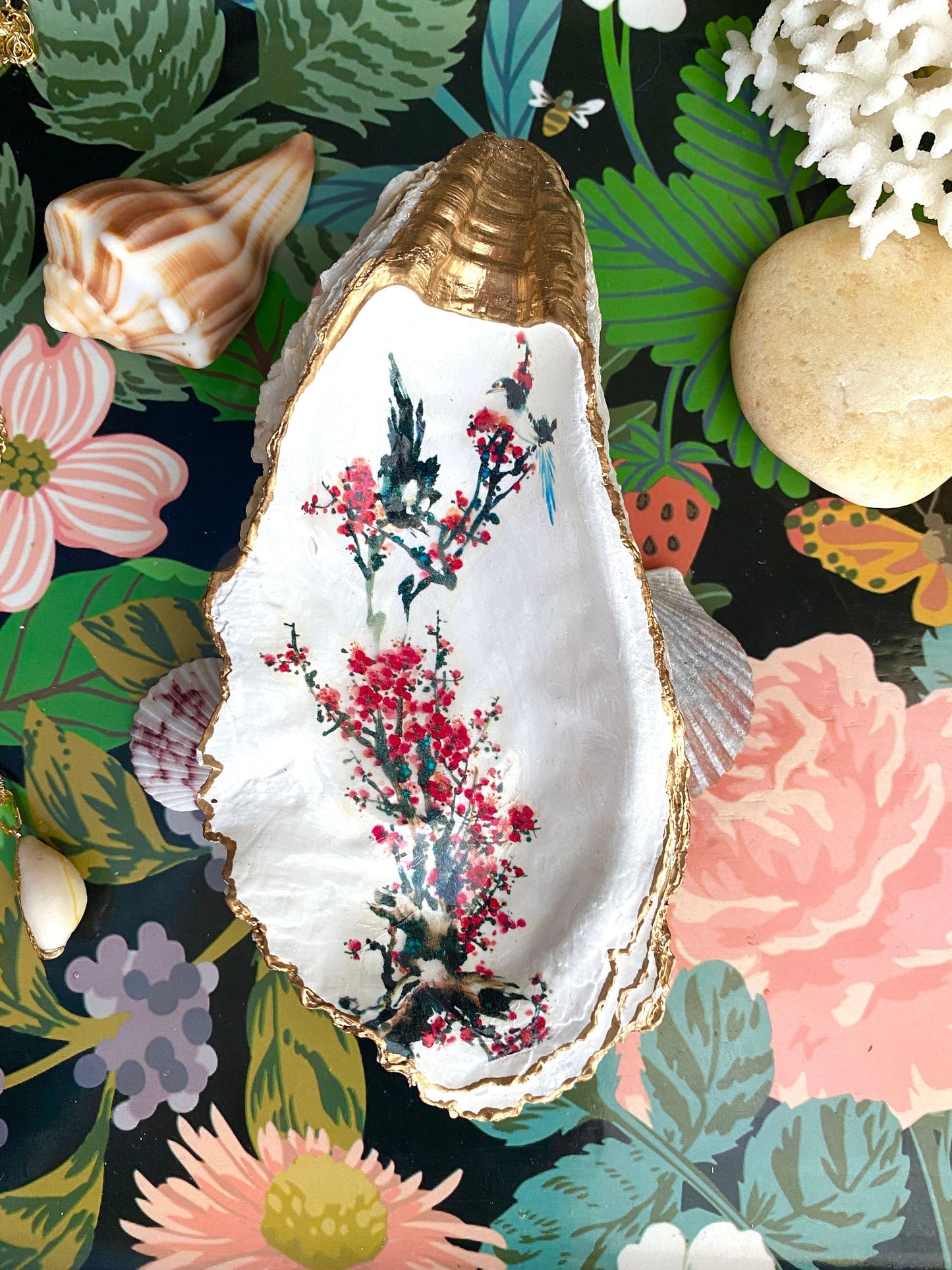 Cherry Blossom Oyster Shell Trinket Dish – Hand-Crafted Decoupage Art