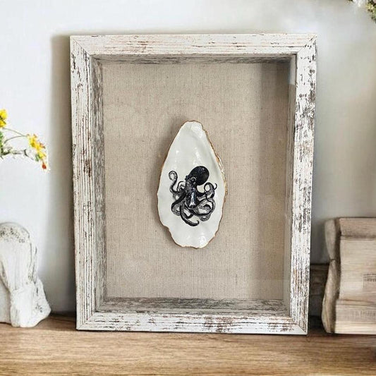 Decoupage Octopus Oyster Shell Shadow Box – Hand-Crafted Coastal Wall Hanging, Nautical Gift