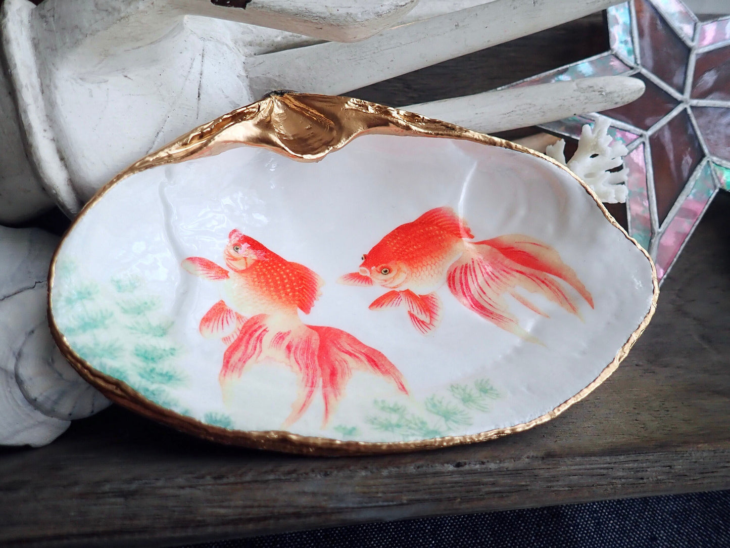 Decoupage Clam Shell Goldfish Art