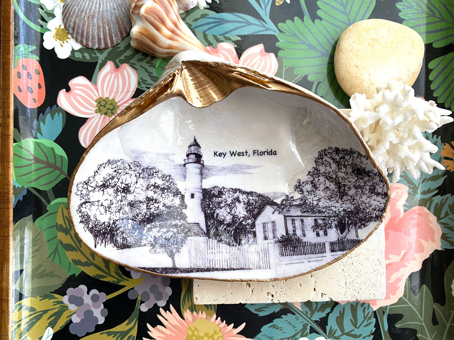 Decoupage Clam Shell Trinket Dish Key West Lighthouse Art