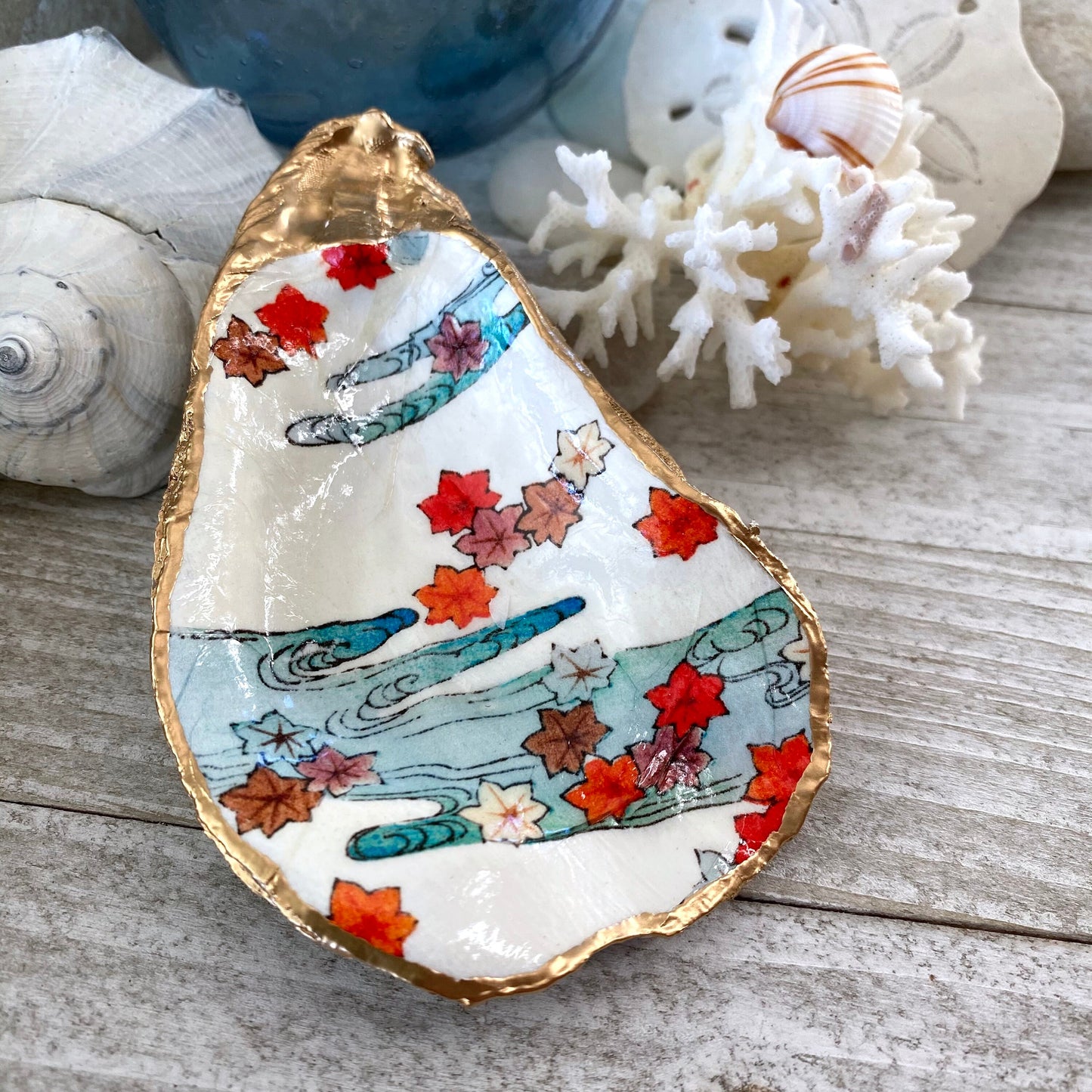 Decoupage Oyster Shell Ring Dish – Autumn Leaves Design, Hostess Gift