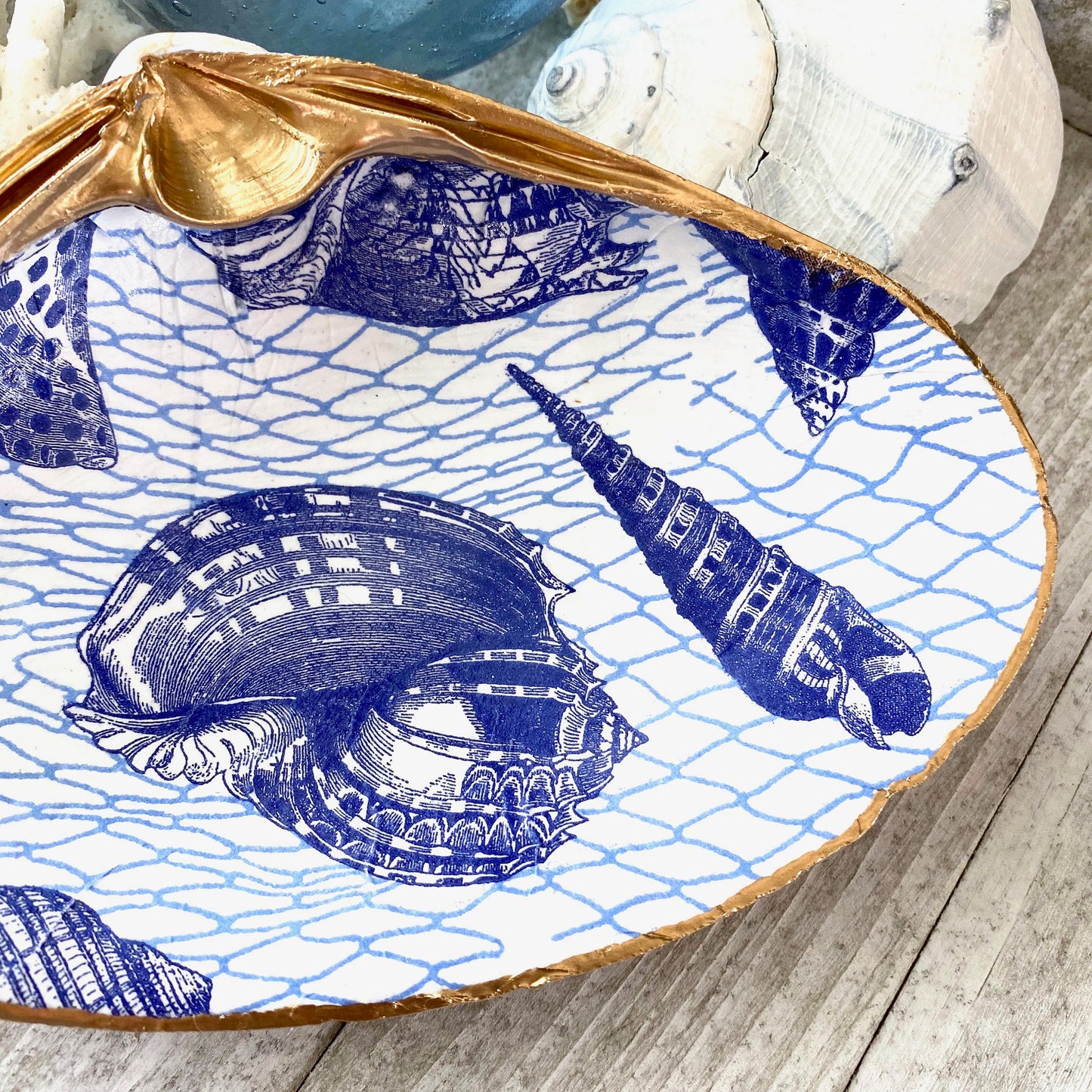 Decoupage Clam Shell Jewelry Dish – Blue & White Coastal Accent, Nautical Gift