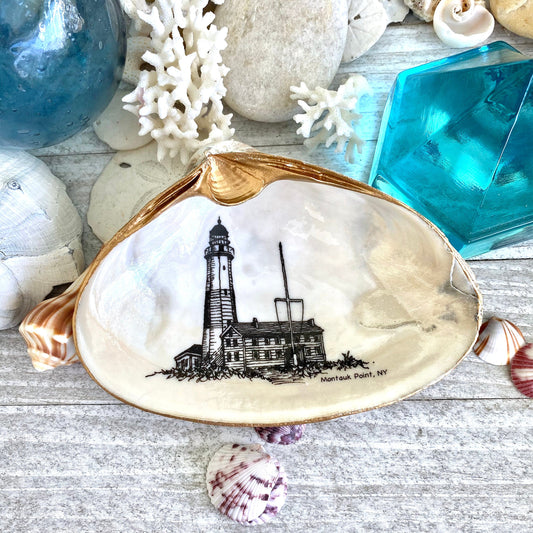 Decoupage Clam Shell Trinket Dish Montauk Lighthouse Art