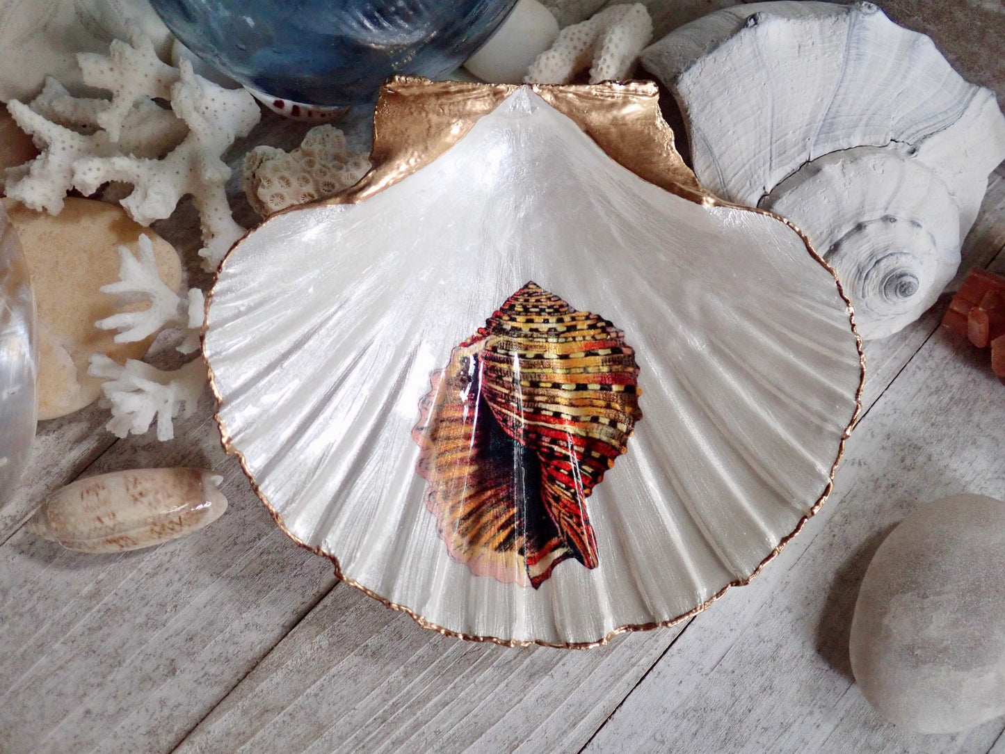 Decoupage Scallop Shell Trinket Dish Conch Shell Art