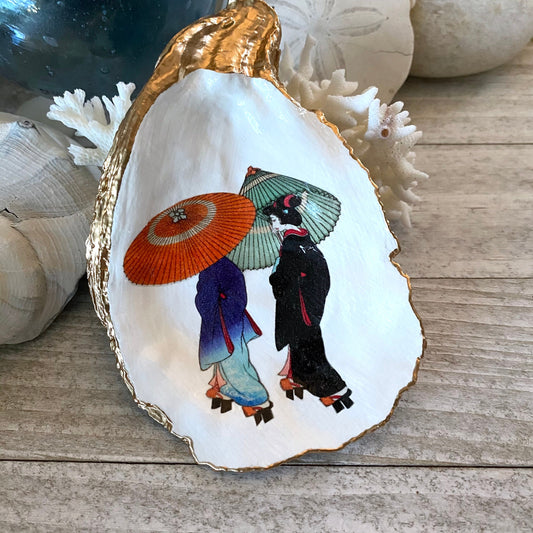 Decoupage Oyster Shell Trinket Dish Geisha Art