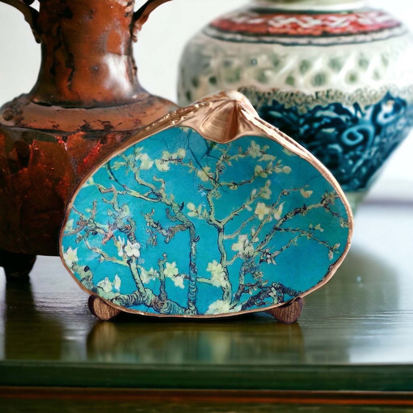 Decoupage Clam Shell Jewelry Dish – Almond Blossoms Art, Coastal Tabletop Decor
