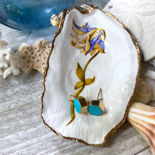 Decoupage Oyster Shell Trinket Dish Columbine Flower Art