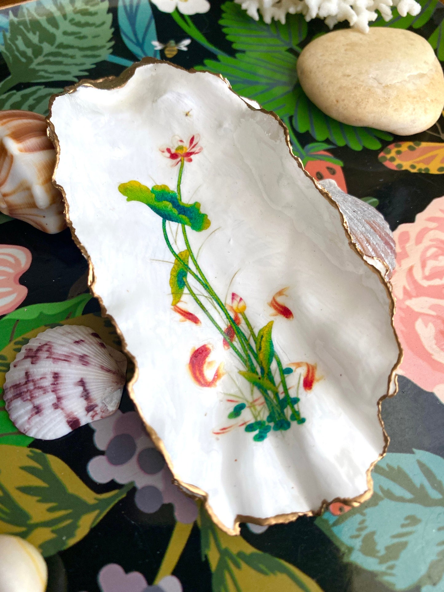 Water Lily Oyster Shell Trinket Dish – Hand-Painted Decoupage Art