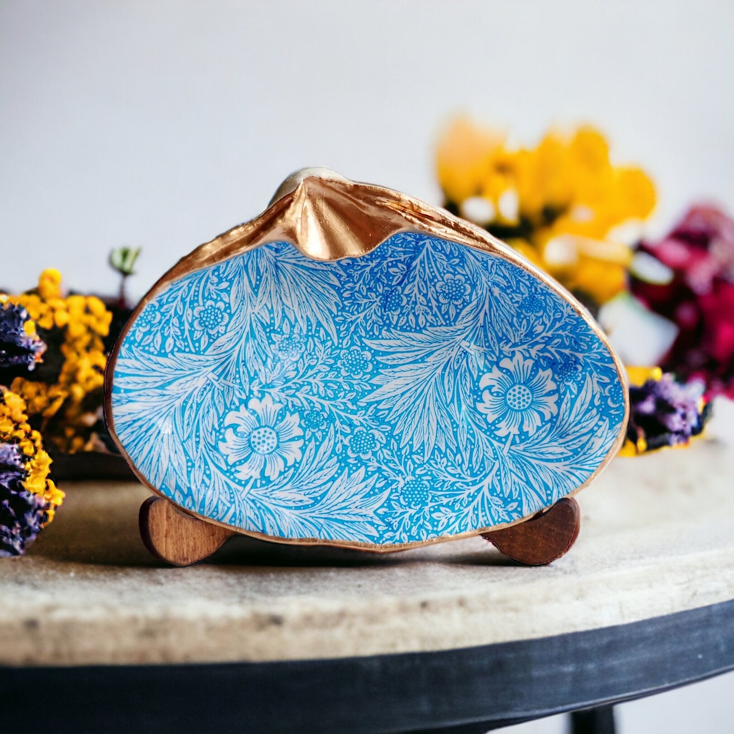 Decoupage Clam Shell Trinket Dish Blue Floral Pattern
