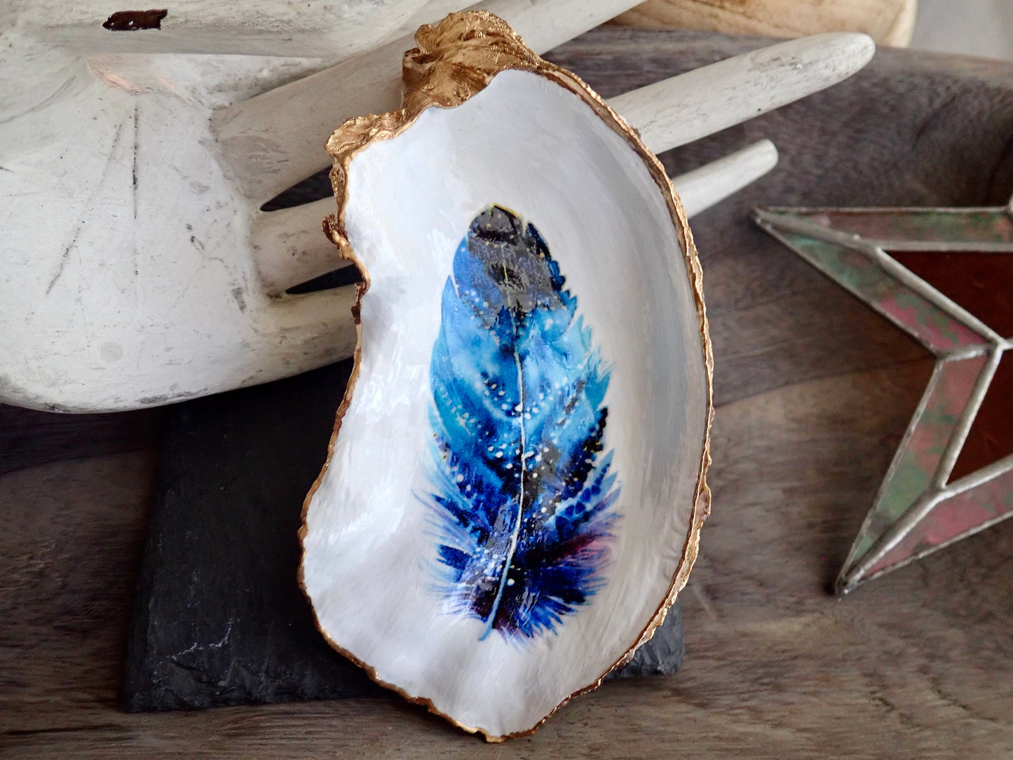 Decoupage Oyster Shell Jewelry Dish, Feather Design, Beach House Decor Accent