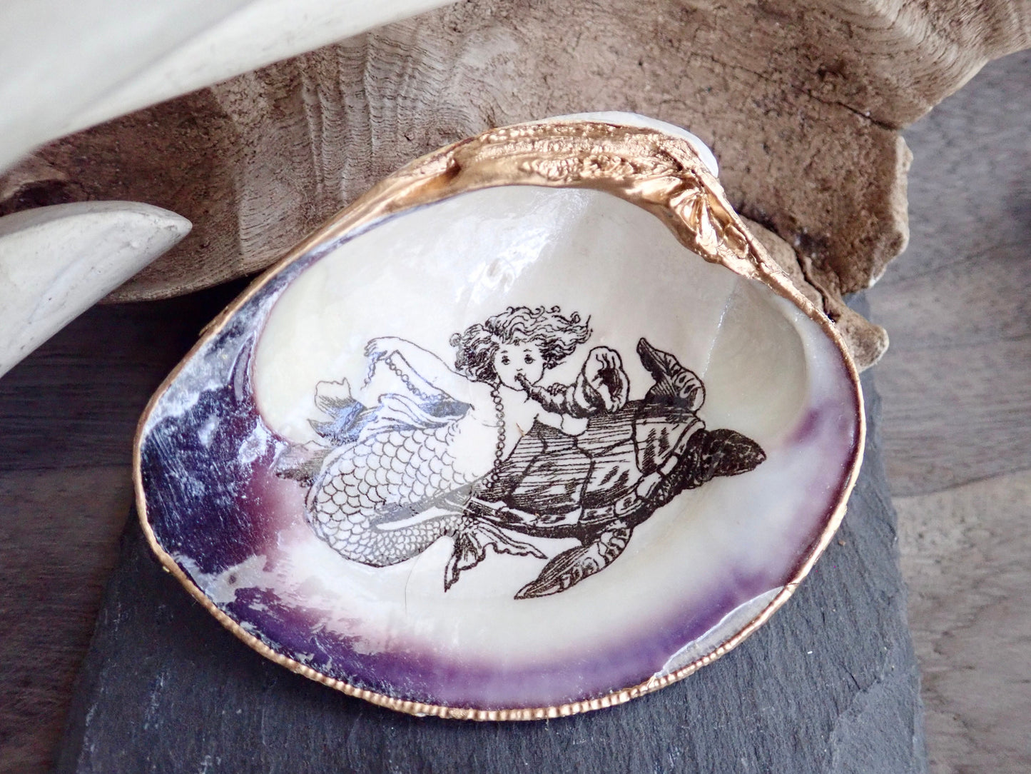Little Mermaid Decoupage Clam Shell Trinket Dish