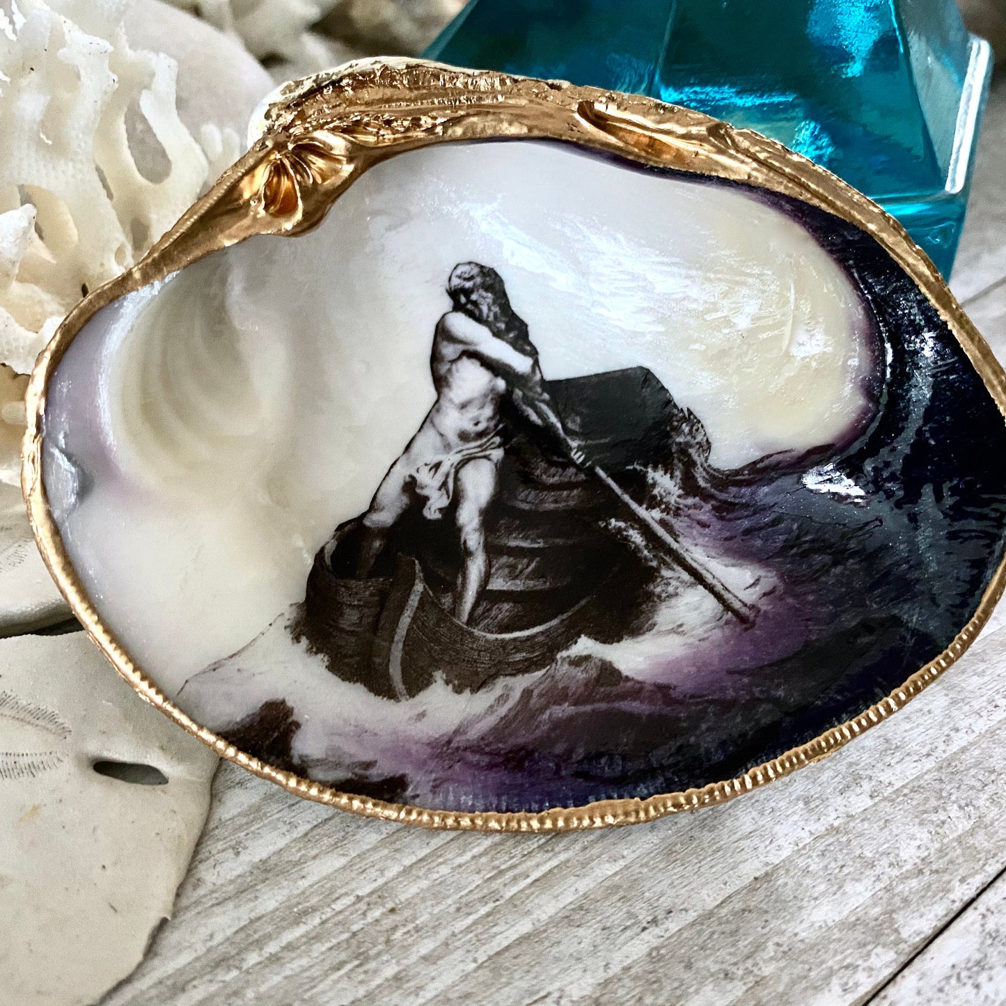 Decoupage Clam Shell Ring Dish – Charon Ferryman Design, Mythological Gothic Art