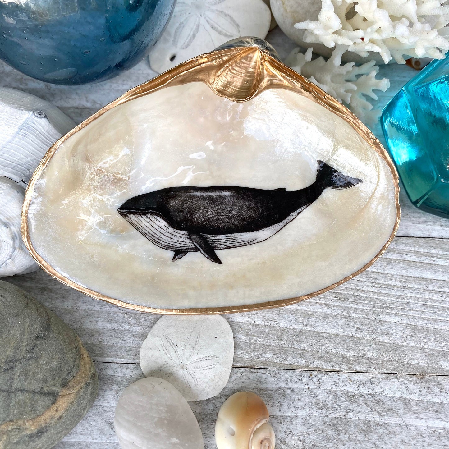 Decoupage Whale Art Clam Shell Trinket Dish