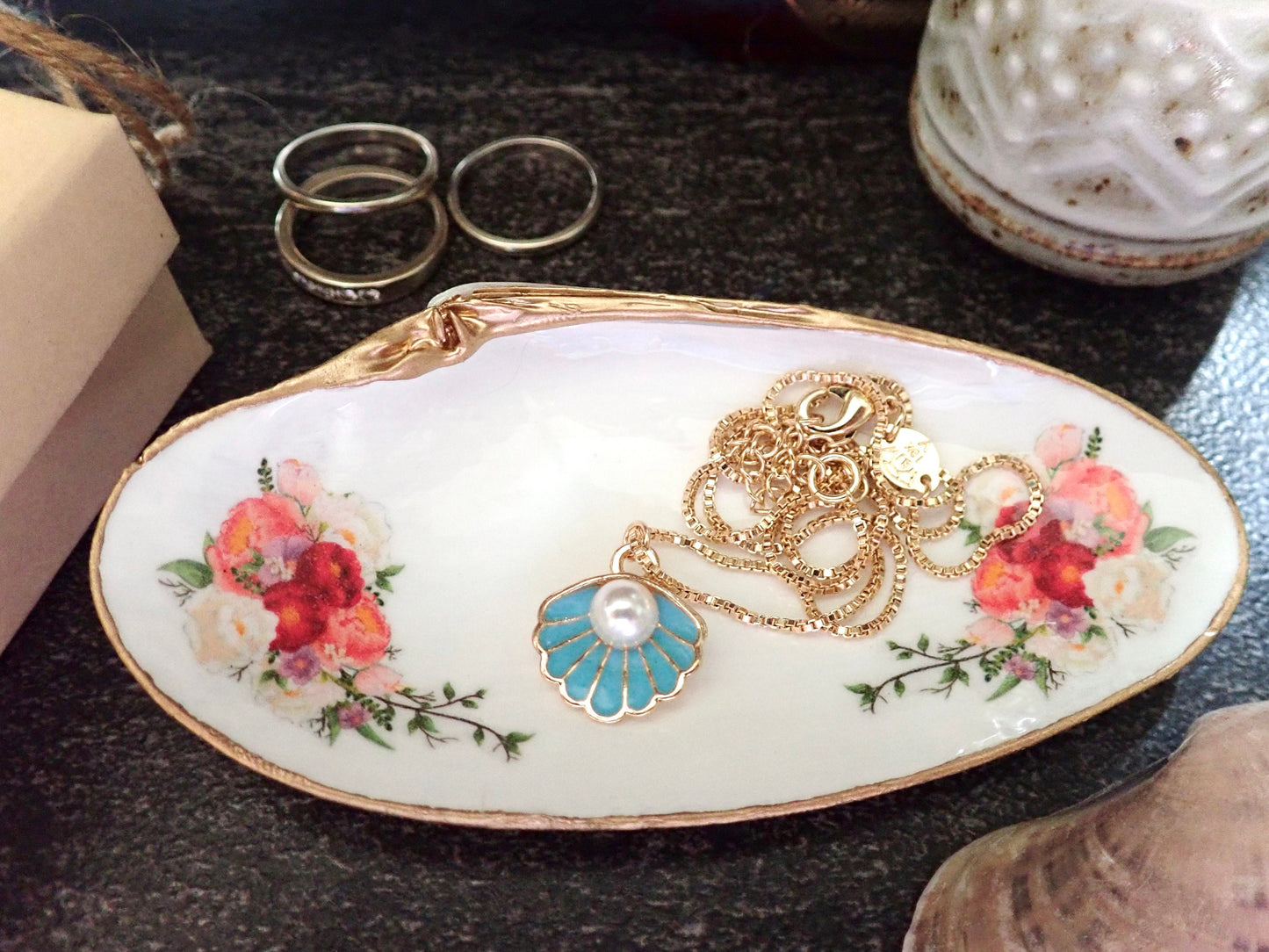 Personalized Decoupage Shell Jewelry Dish – Custom Hostess Gift, Coastal Decor