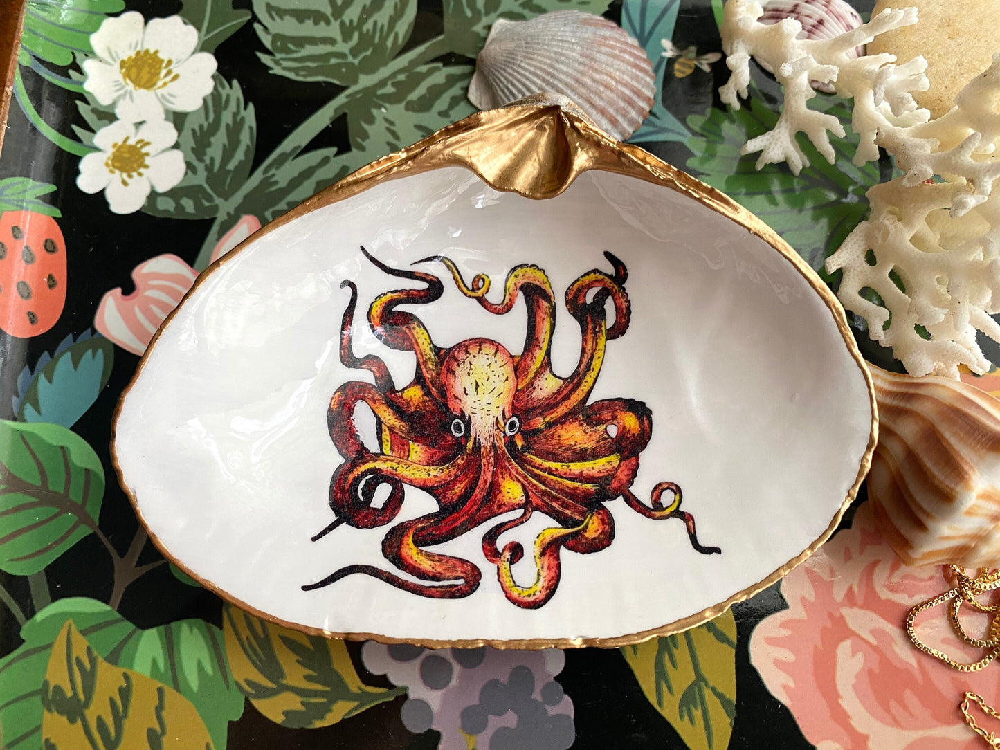 Hand-Colored Octopus Decoupage Clam Shell Trinket Dish