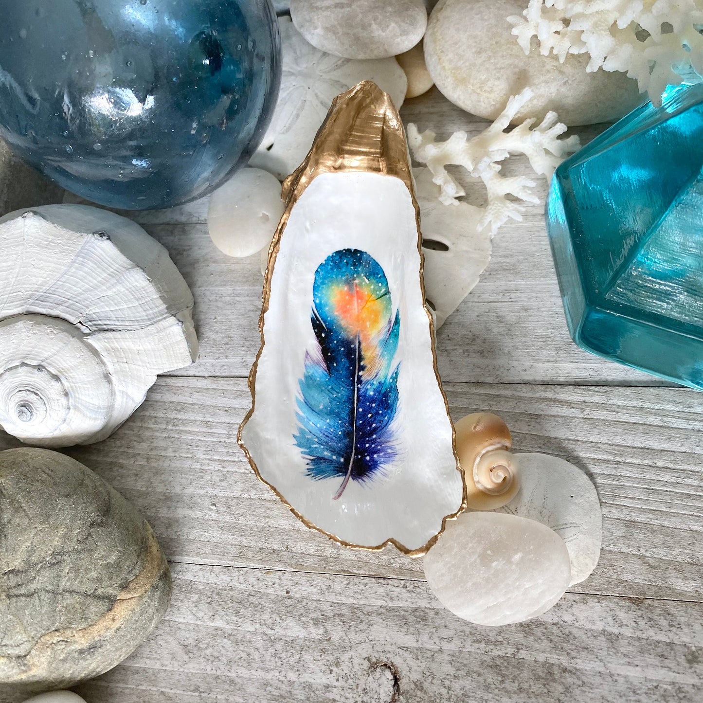 Decoupage Oyster Shell Trinket Dish - Feather Design, Beach House Decor