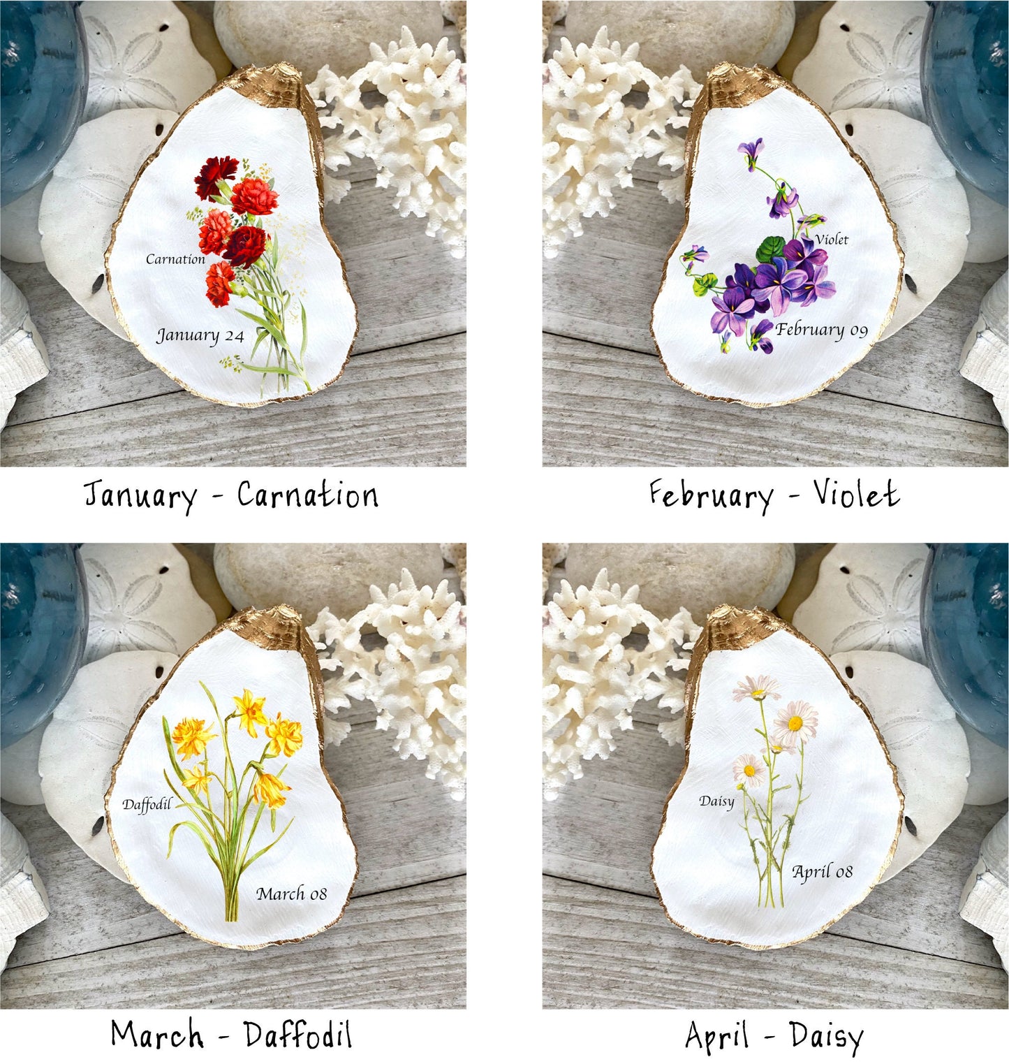 Decoupage Birth Flower Oyster Shell Ring Dish β Personalized Coastal Jewelry Holder, Birthday Gift