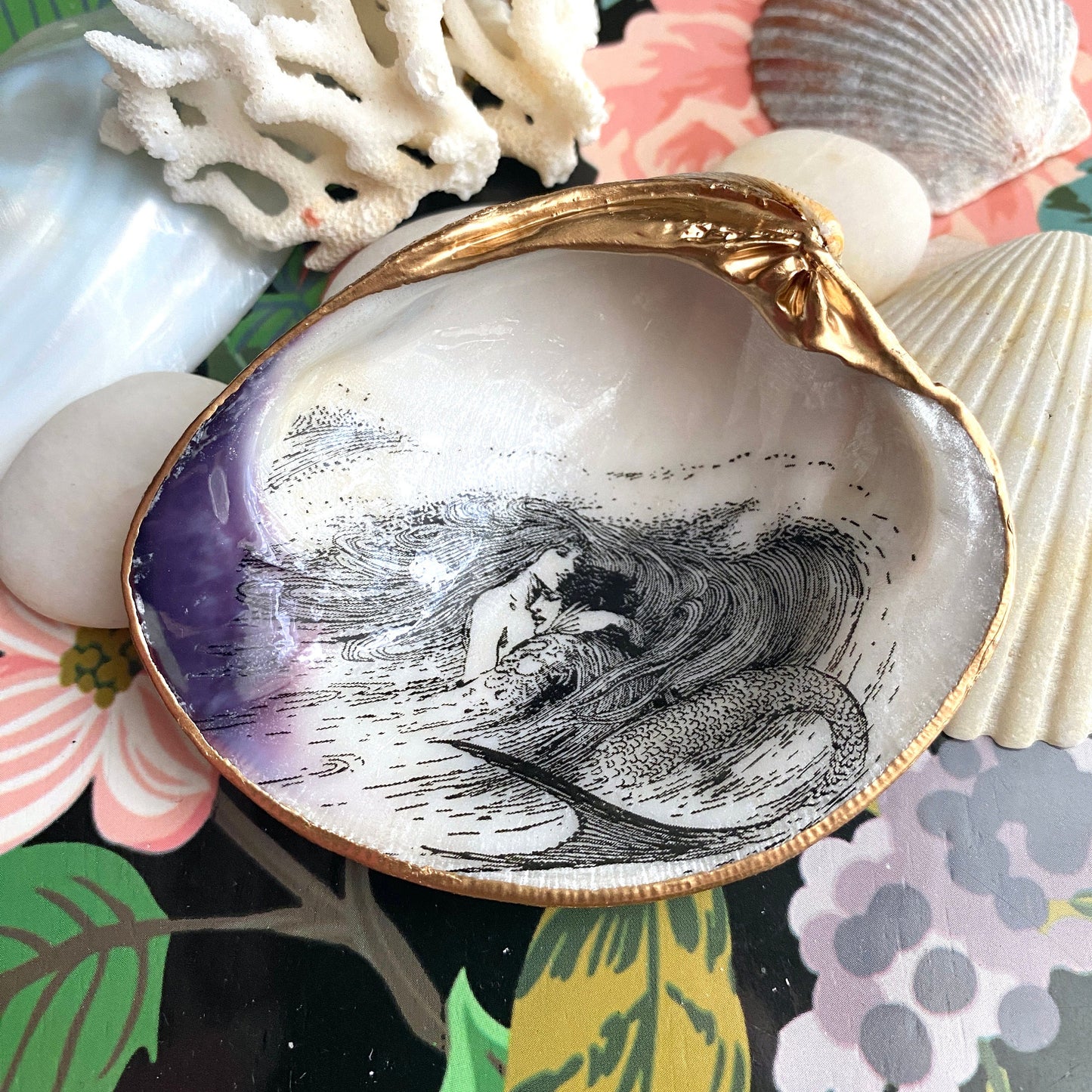 Little Mermaid Decoupage Clam Shell Trinket Dish