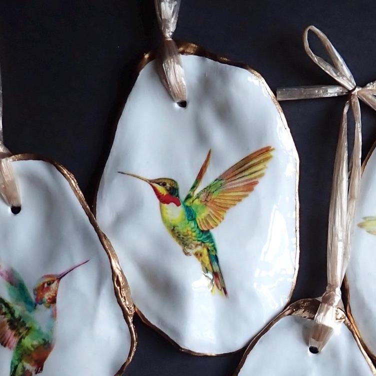 Holiday Ornament Decoupage Hummingbird Oyster Shell