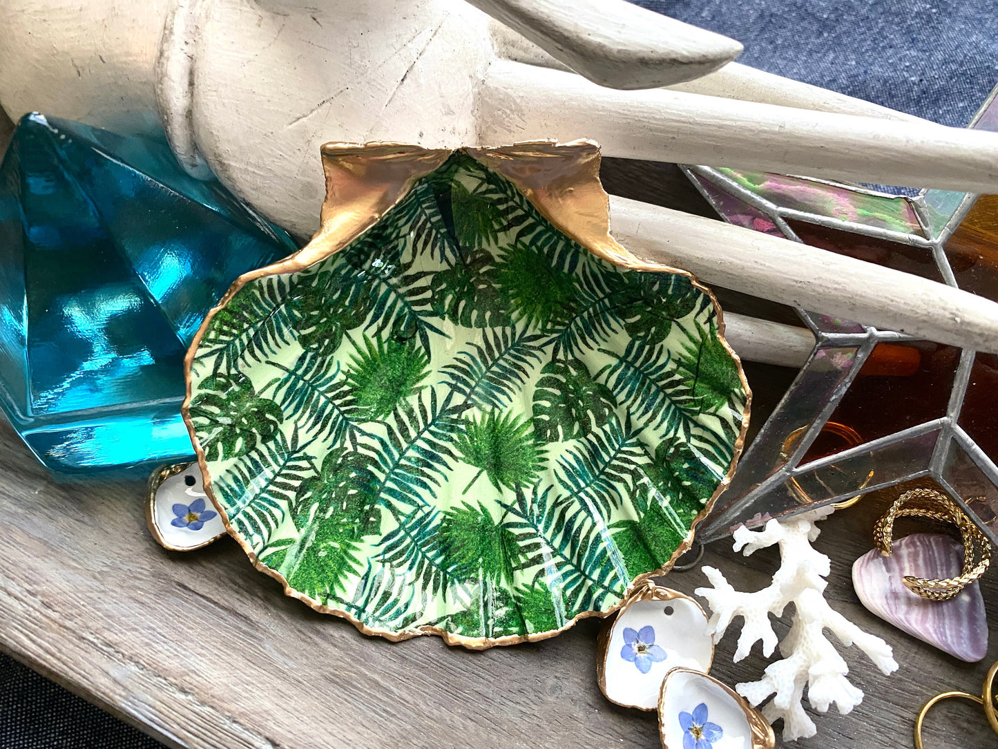 Decoupage Scallop Shell Trinket Dish Tropical Pattern