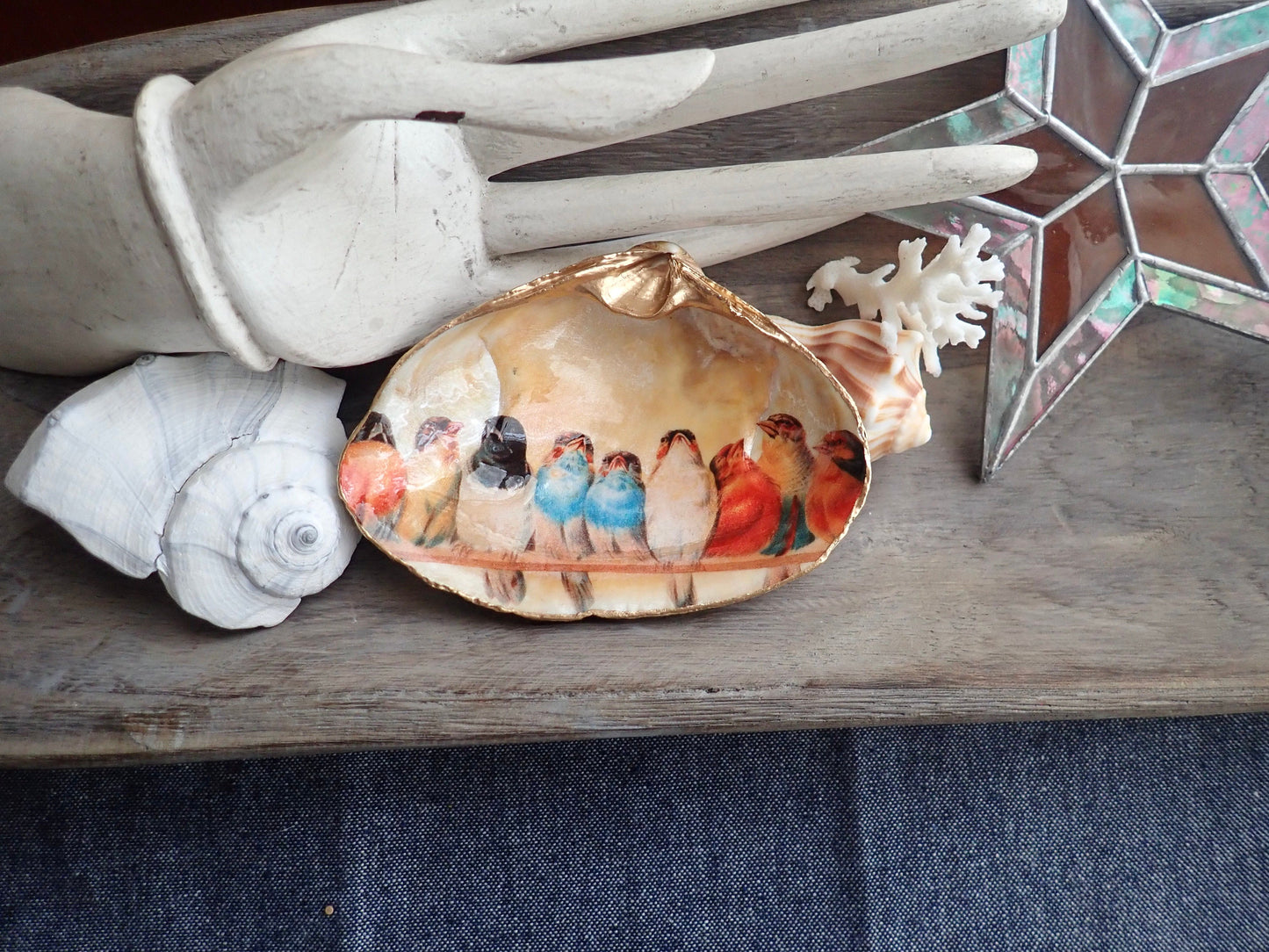 Decoupage Clam Shell Trinket Dish Bird Lover Art