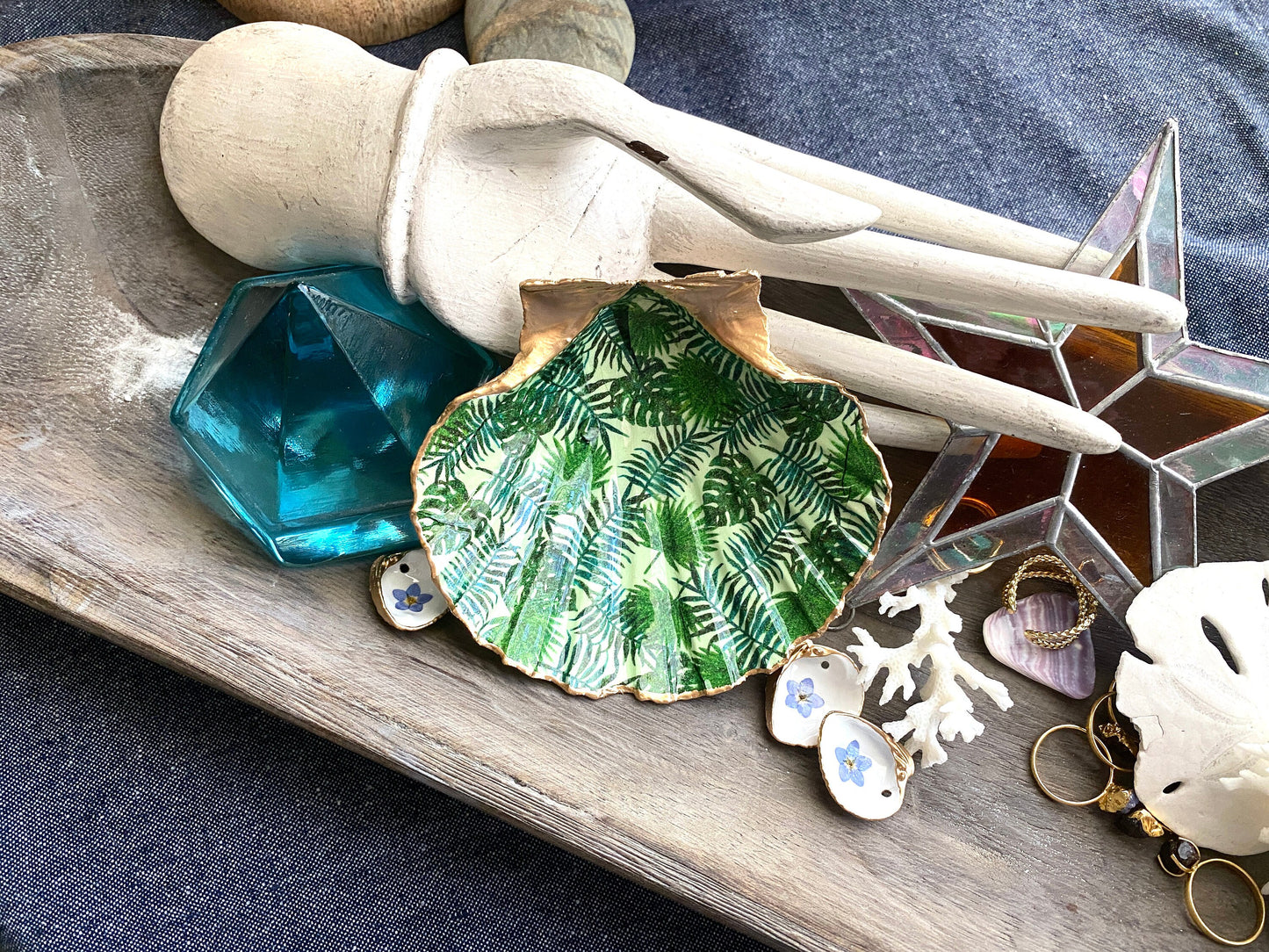 Decoupage Scallop Shell Trinket Dish Tropical Pattern