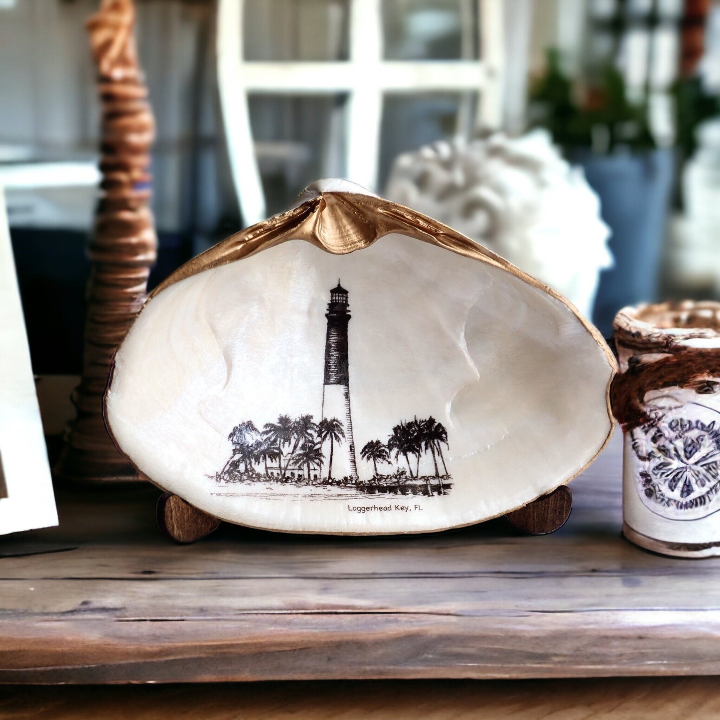 Decoupage Clam Shell Trinket Dish Dry Tortugas Lighthouse Art
