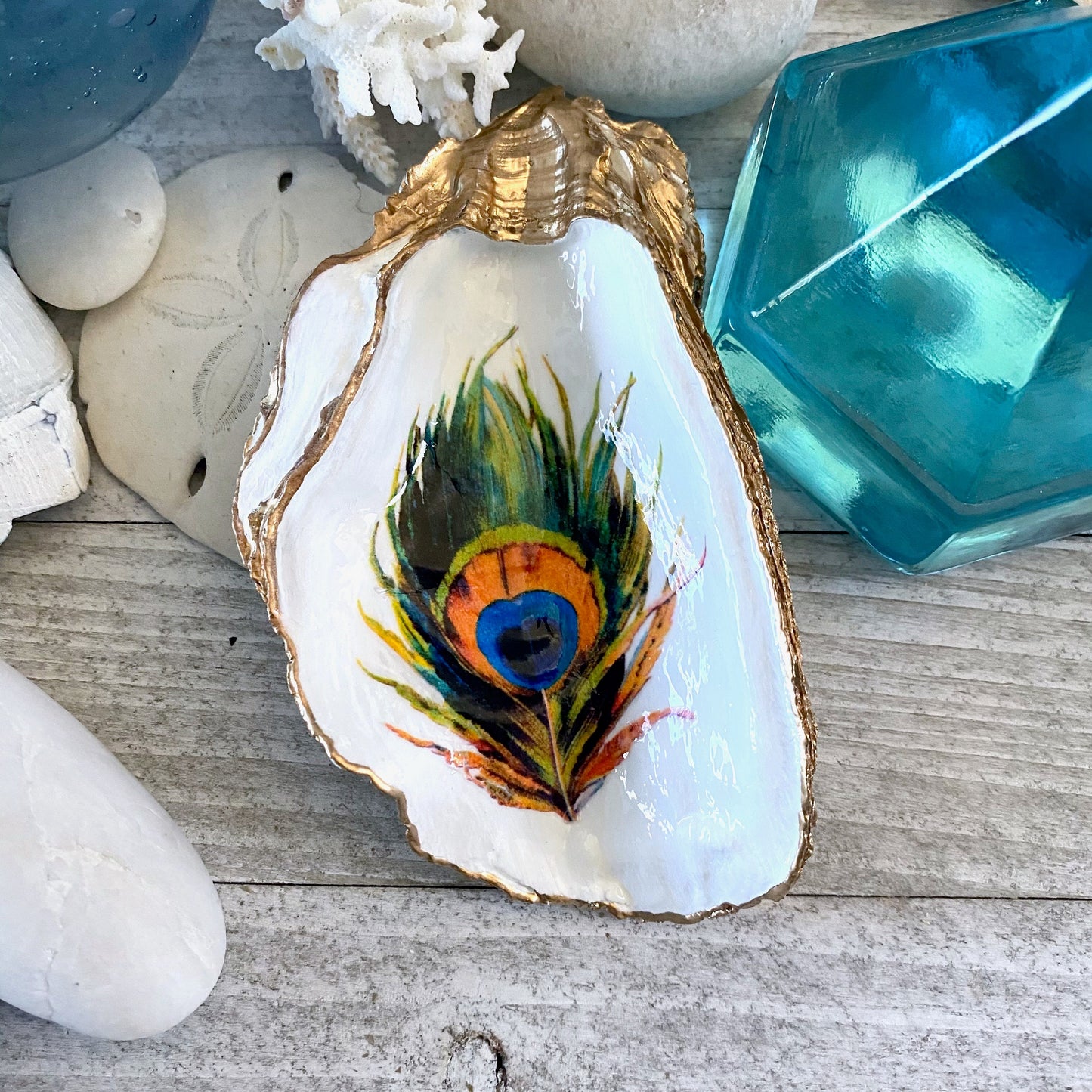 Decoupage Oyster Shell Jewelry Dish, Feather Design, Beach House Decor Accent